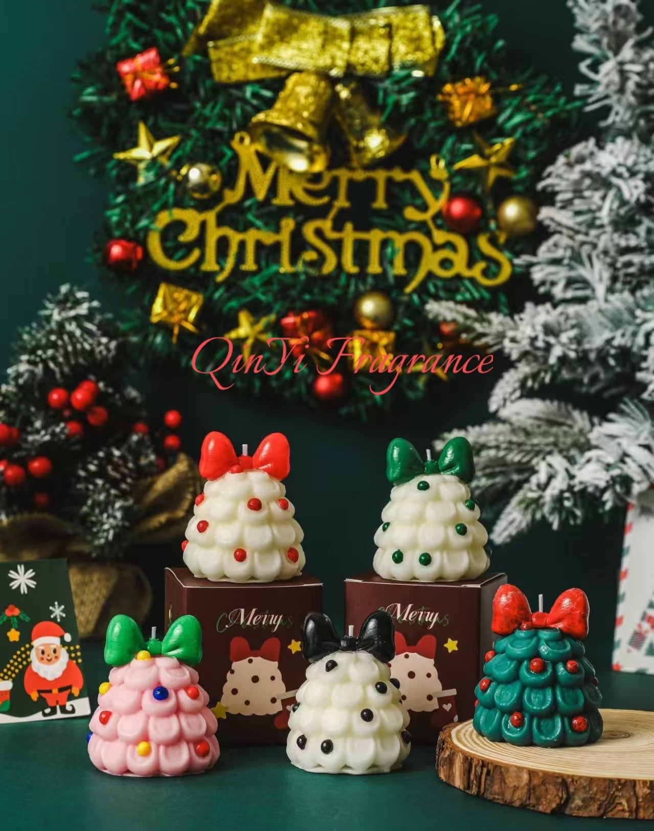 香薰蜡烛派对装饰圣诞香氛欧洲进口香薰蜡烛香味持久蜡烛香薰蜡烛蝴蝶结圣诞树装扮跨境出口外贸