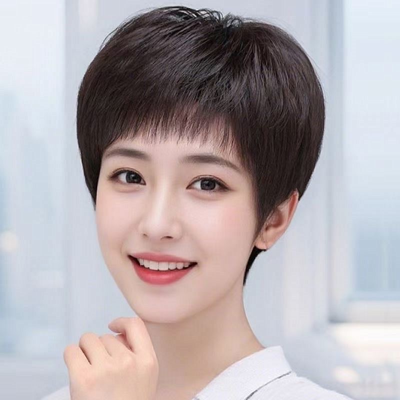 Wig, real hair, full head cover, natural short hair for middle-aged and elderly people, mom's breathable hair, real hair strands, head cover, wig cover, wig simulation hair details Picture