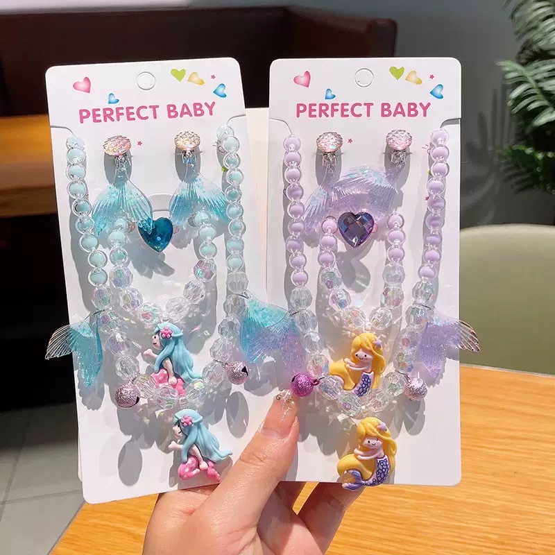 Mermaid Princess necklace, ring, ear clip bracelet set, cute for children and babies