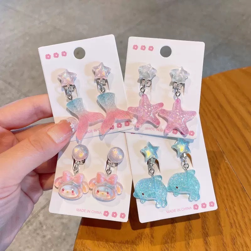 Cute cartoon children's ear clips, girls' no-ear piercing pain-proof earrings, high-end earrings, girls' ocean-themed earrings Specification image