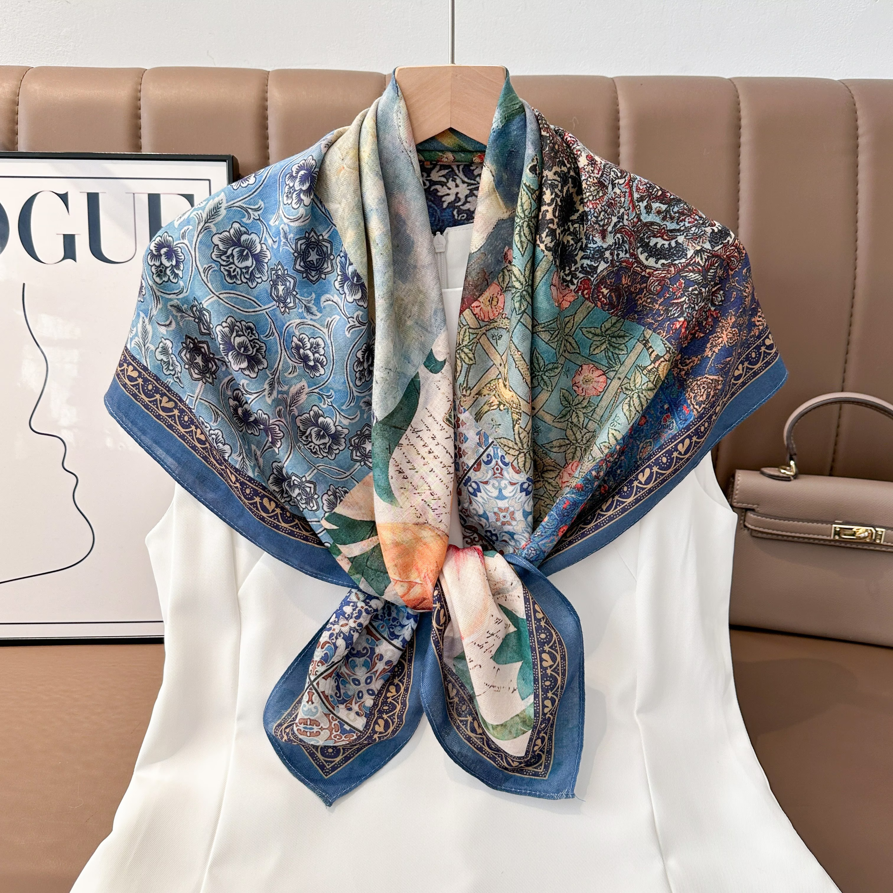 The 2025 new women's double-sided square scarf is a versatile and fashionable printed oil painting silk scarf and a fashionable shawl. It is a high-end trendy accessory for spring, summer, autumn and winter