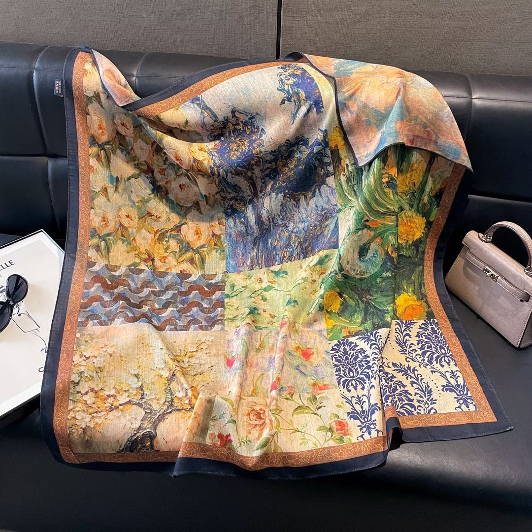 The 2025 new style silk scarf for women, a versatile and fashionable printed oil painting square scarf, a fashionable shawl, and a high-end trendy accessory for spring, summer, autumn and winter Item Picture