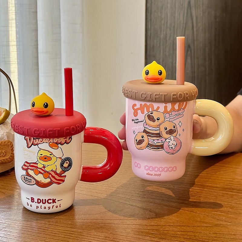 Household yellow duck mugs, high appearance level, covered straw ceramic cups, coffee cups, creative water cups, portable cups, ceramic cups detail image 2