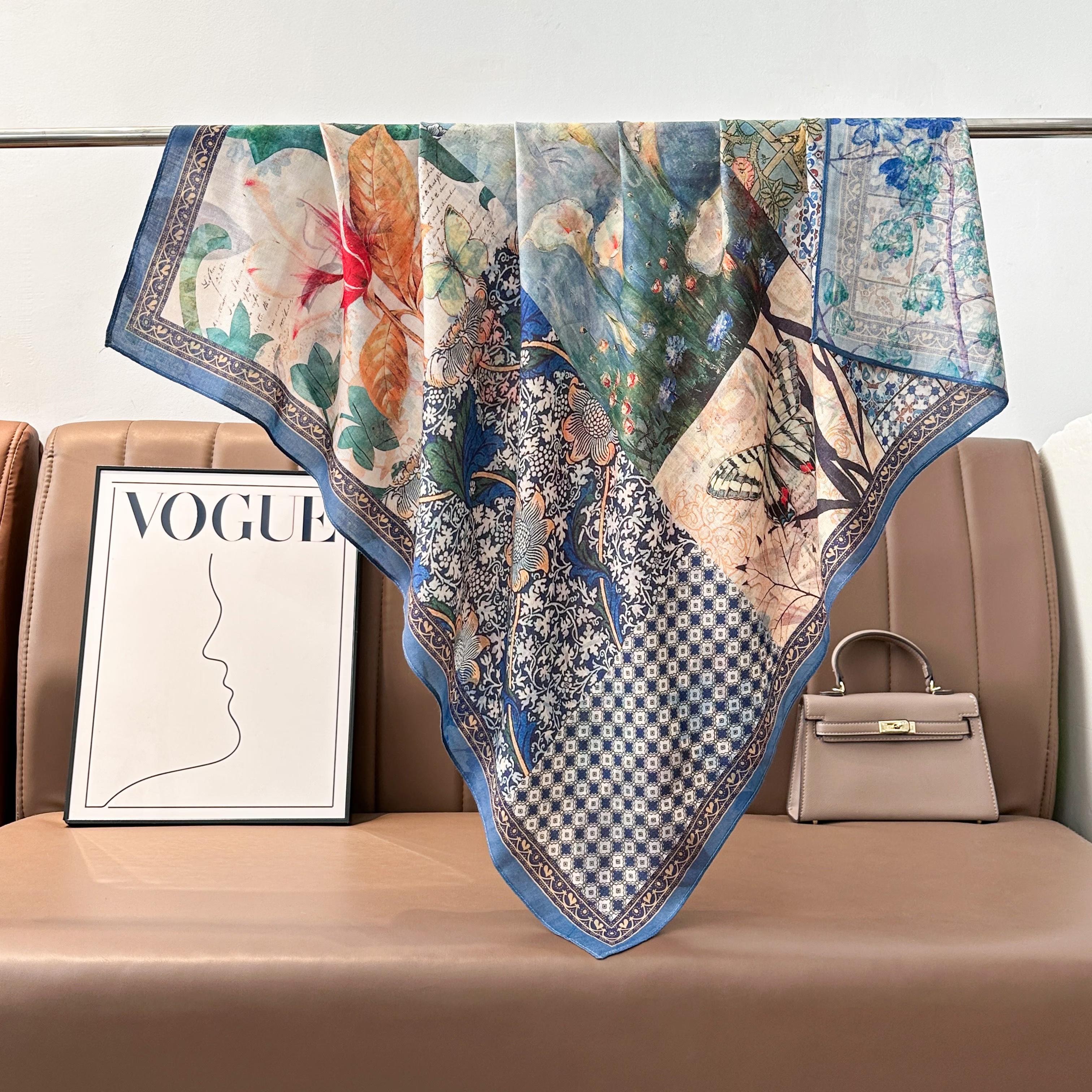 The 2025 new women's double-sided square scarf is a versatile and fashionable printed oil painting silk scarf and a fashionable shawl. It is a high-end trendy accessory for spring, summer, autumn and winter Specification image