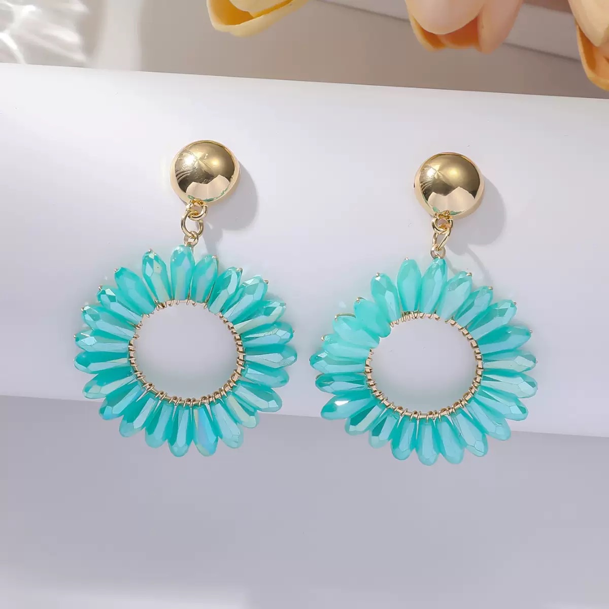 欧美跨境耳饰彩色花朵水晶编织耳环小众高级感耳钉轻奢时尚