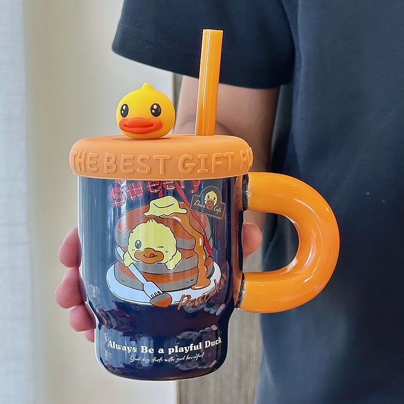 Household yellow duck mugs, high appearance level, covered straw ceramic cups, coffee cups, creative water cups, portable cups, ceramic cups detail image 6