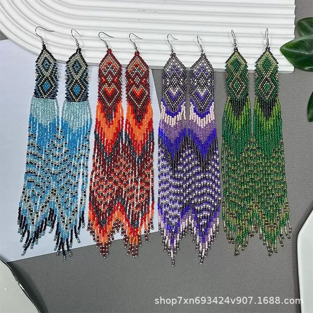 现货欧美个性波西米亚串珠耳环原创设计手工玻璃米珠长彩流苏耳饰 