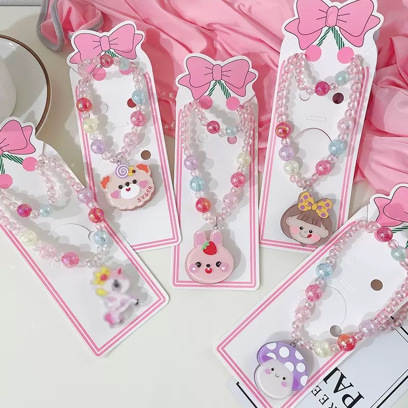 Children's internet-famous pendant necklace with light, cute little bear rabbit beaded bracelet, princess baby with light jewelry set details Picture