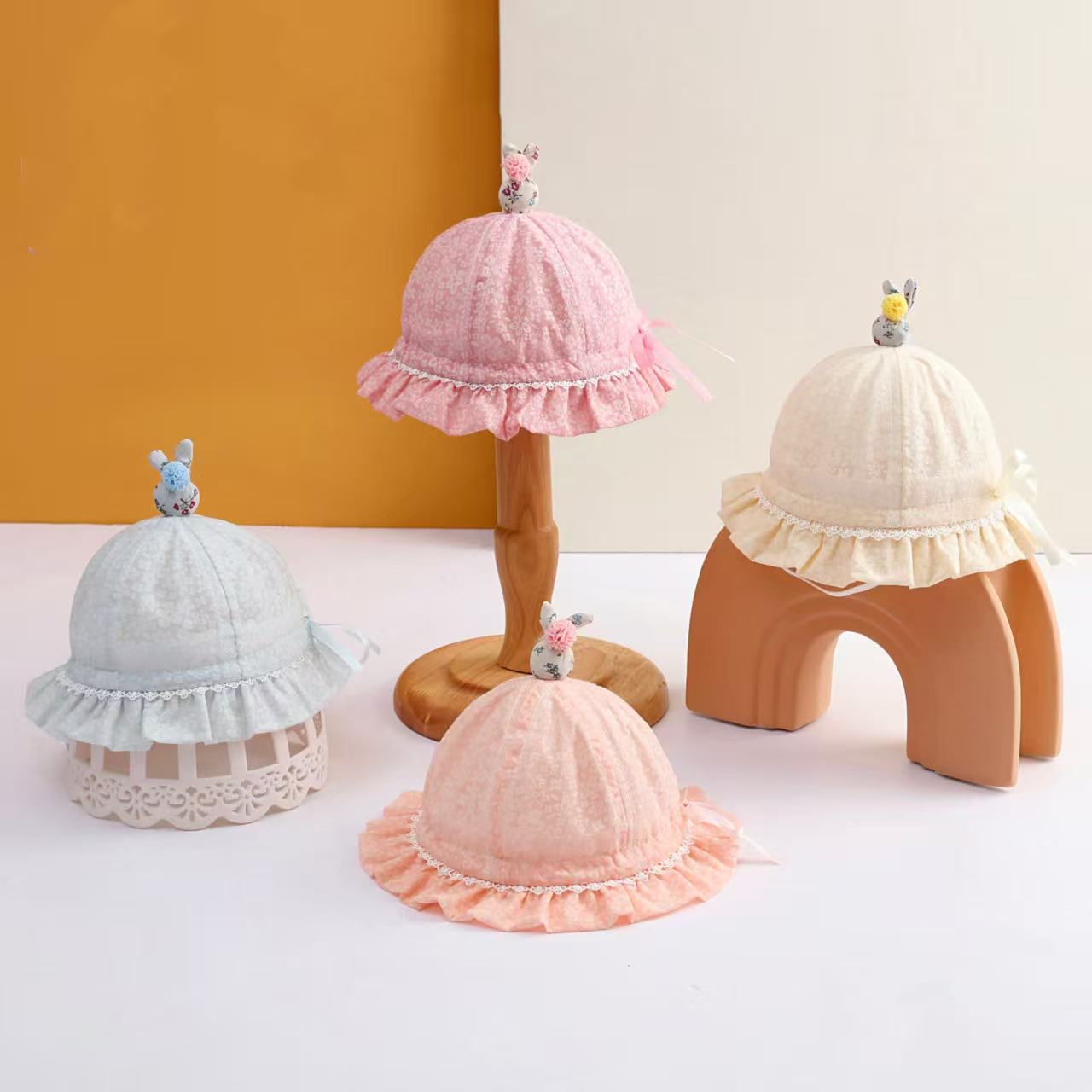 Children's soft-brimmed cartoon hats, baby hats, baby hats, summer children's hats, sun protection, breathable, cute, organ-lace, little rabbit, spring, summer and autumn pregnancy hats