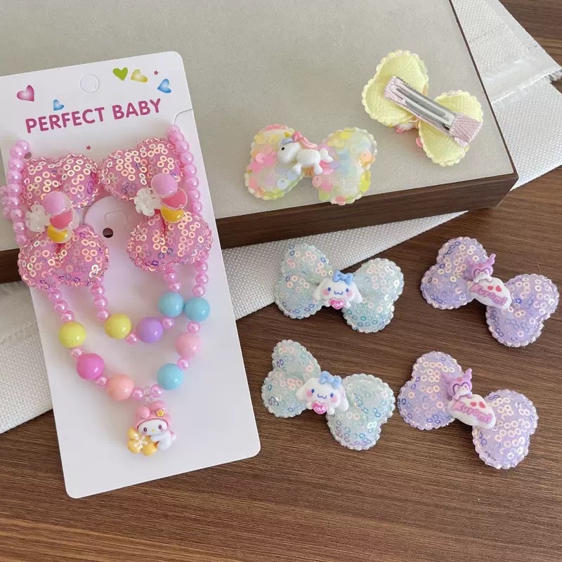 Cross-border children's beaded necklace, bracelet set, cartoon sequin bow tie, hairpin, girls' colorful sweet accessories Specification image