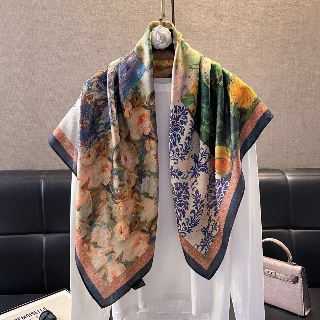 The 2025 new style silk scarf for women, a versatile and fashionable printed oil painting square scarf, a fashionable shawl, and a high-end trendy accessory for spring, summer, autumn and winter Application Scenario
