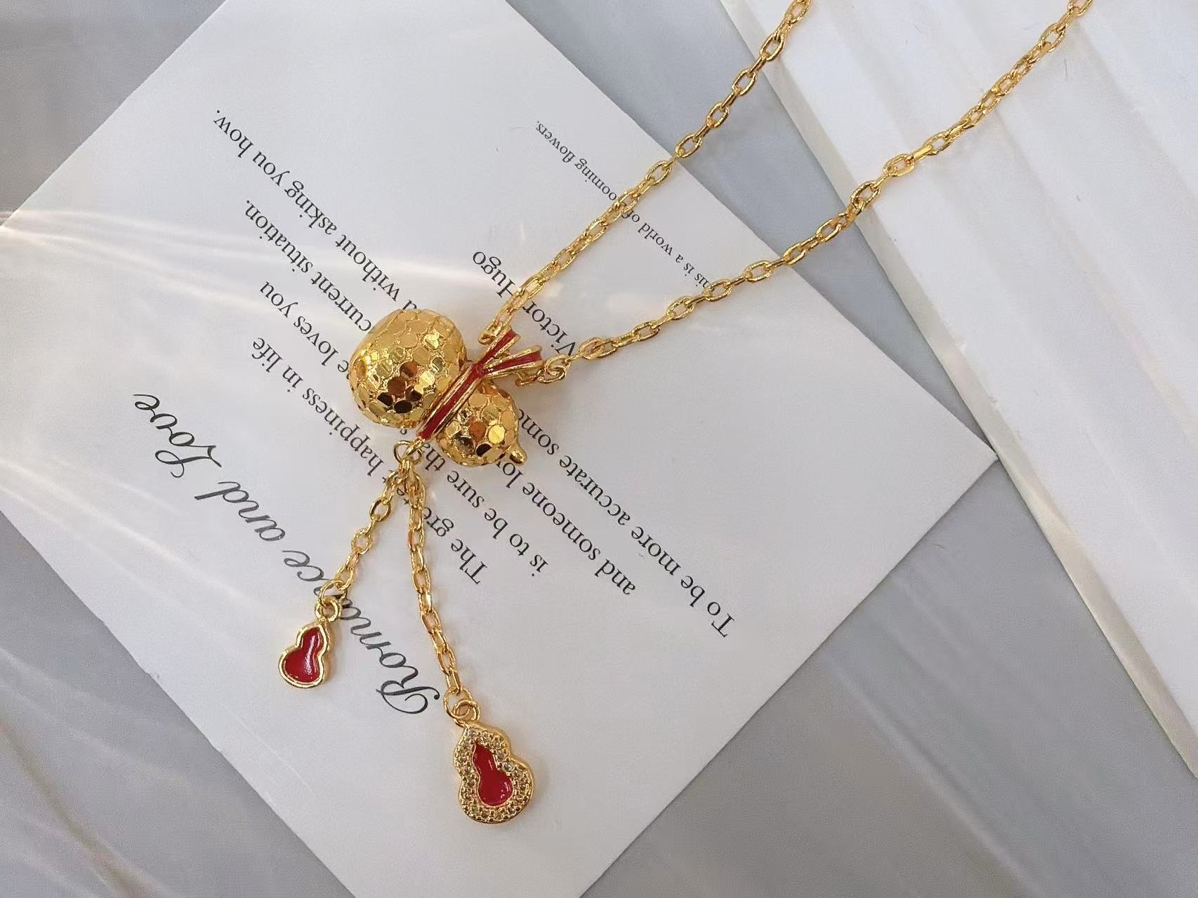 葫芦红色珐琅工艺链条国风沙金项链 时尚首饰项链，电镀沙金真金产品图