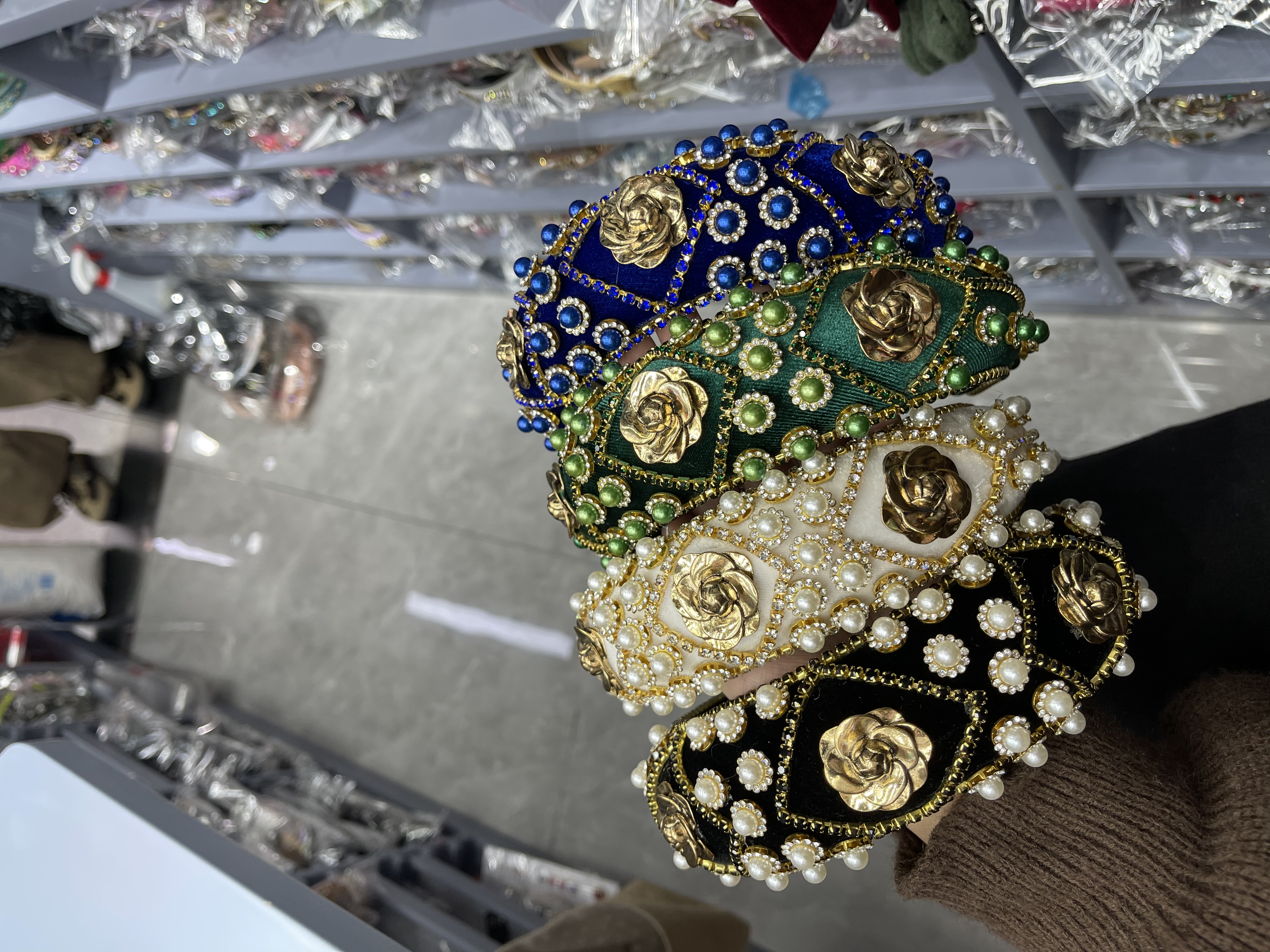 欧美跨境巴洛克绒布手工链条水钻发箍亚马逊宽边海绵外贸头饰头箍细节图