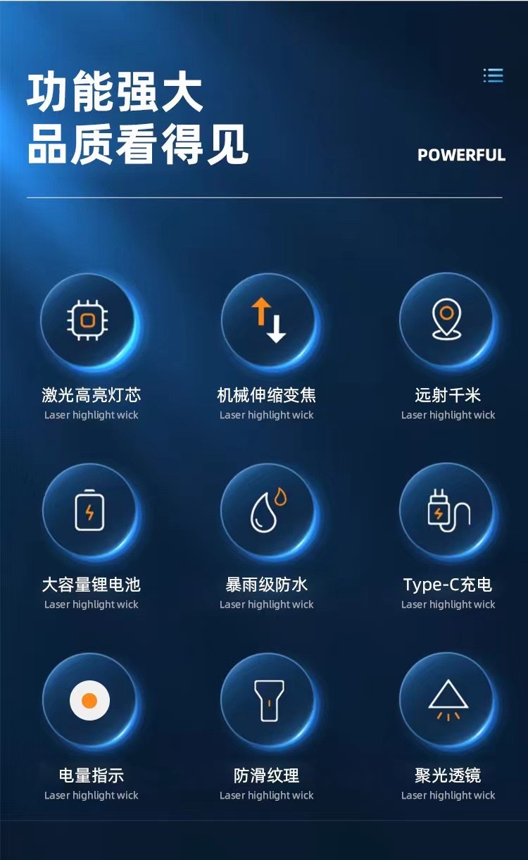 跨境新款强光防水高亮变焦可充电户外家用便携式激光手电筒详情图2