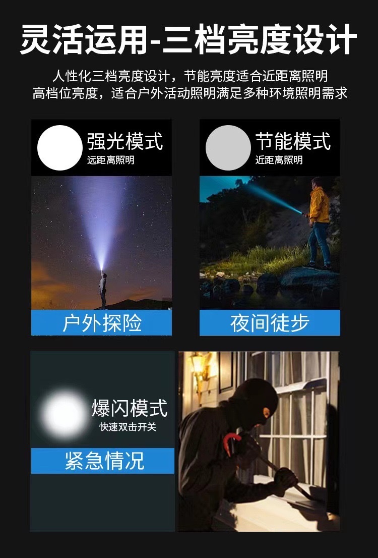 跨境新款强光防水高亮变焦可充电户外家用便携式激光手电筒详情图6