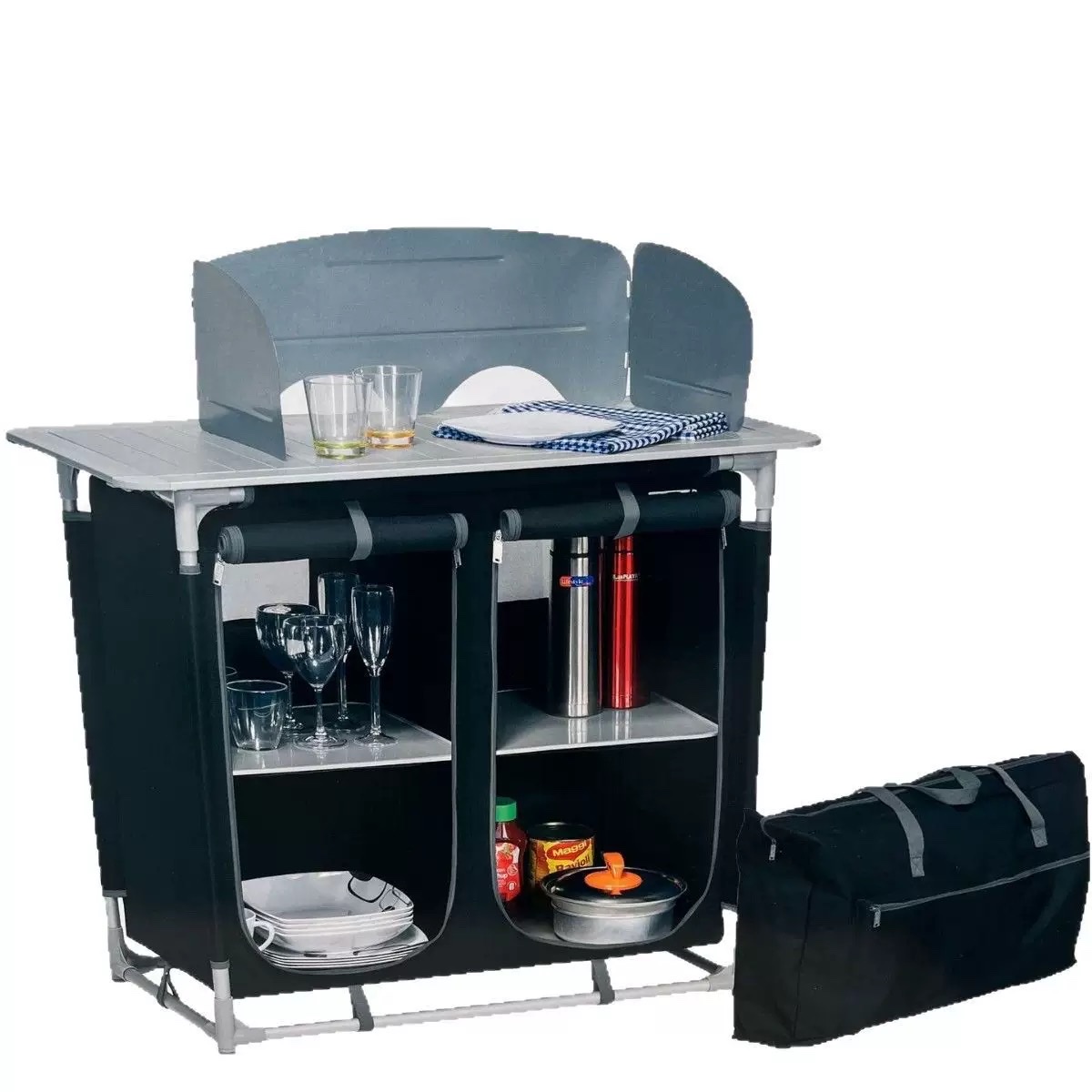 户外露营桌铝合金折叠桌野炊多层储物橱柜桌便携烹饪料理桌厨房 白底实物图