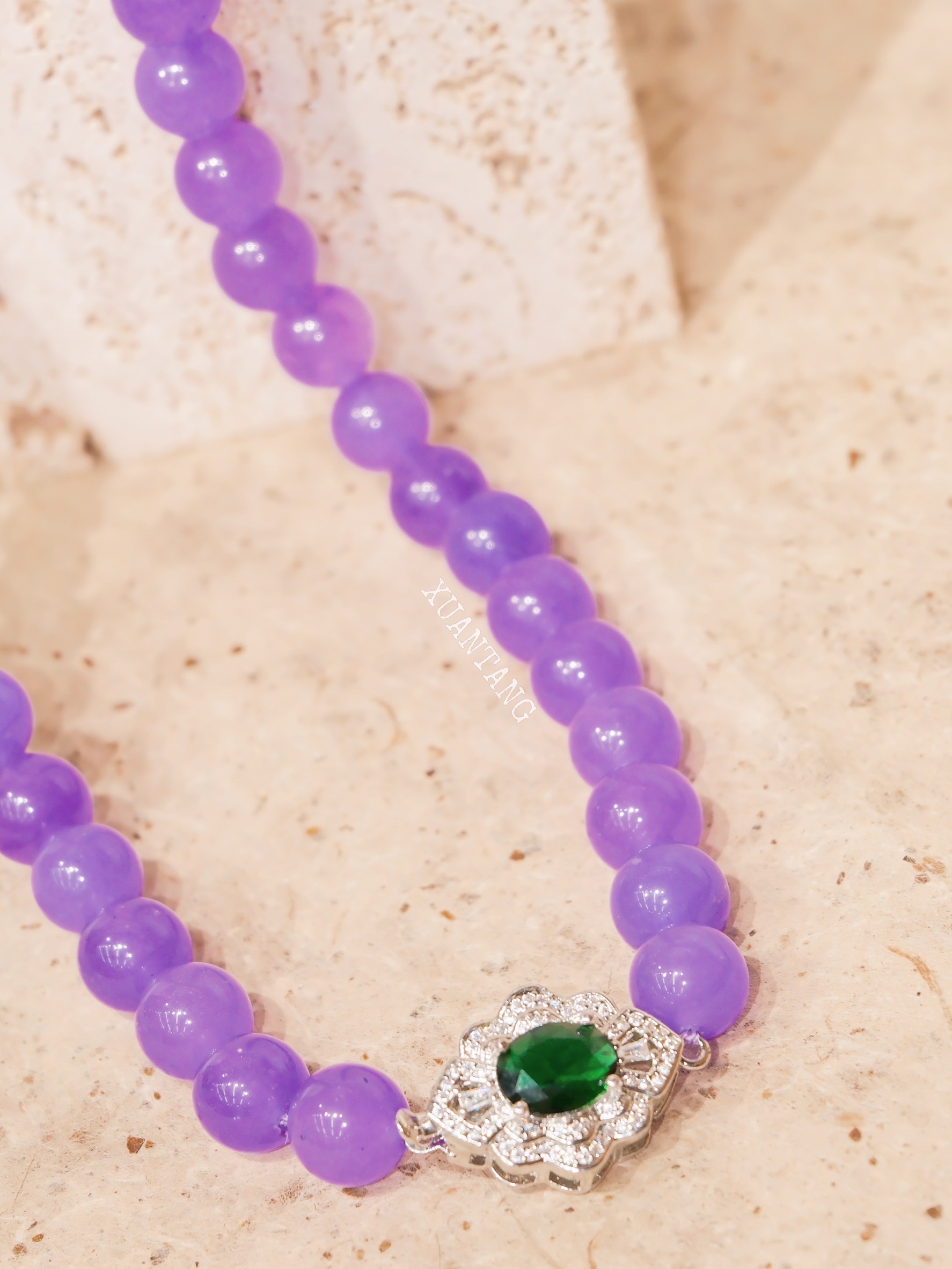 冰种紫罗兰玉石套装 圆珠项链+手链+耳坠 镶绿宝银扣 项链详情图8