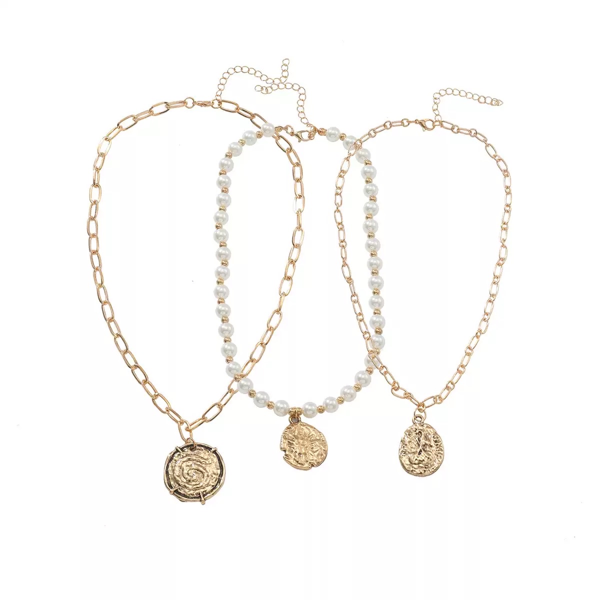 Z欧美夸张大牌多层仿珍珠硬币吊坠项链3件套人像女士项饰项链白底实物图