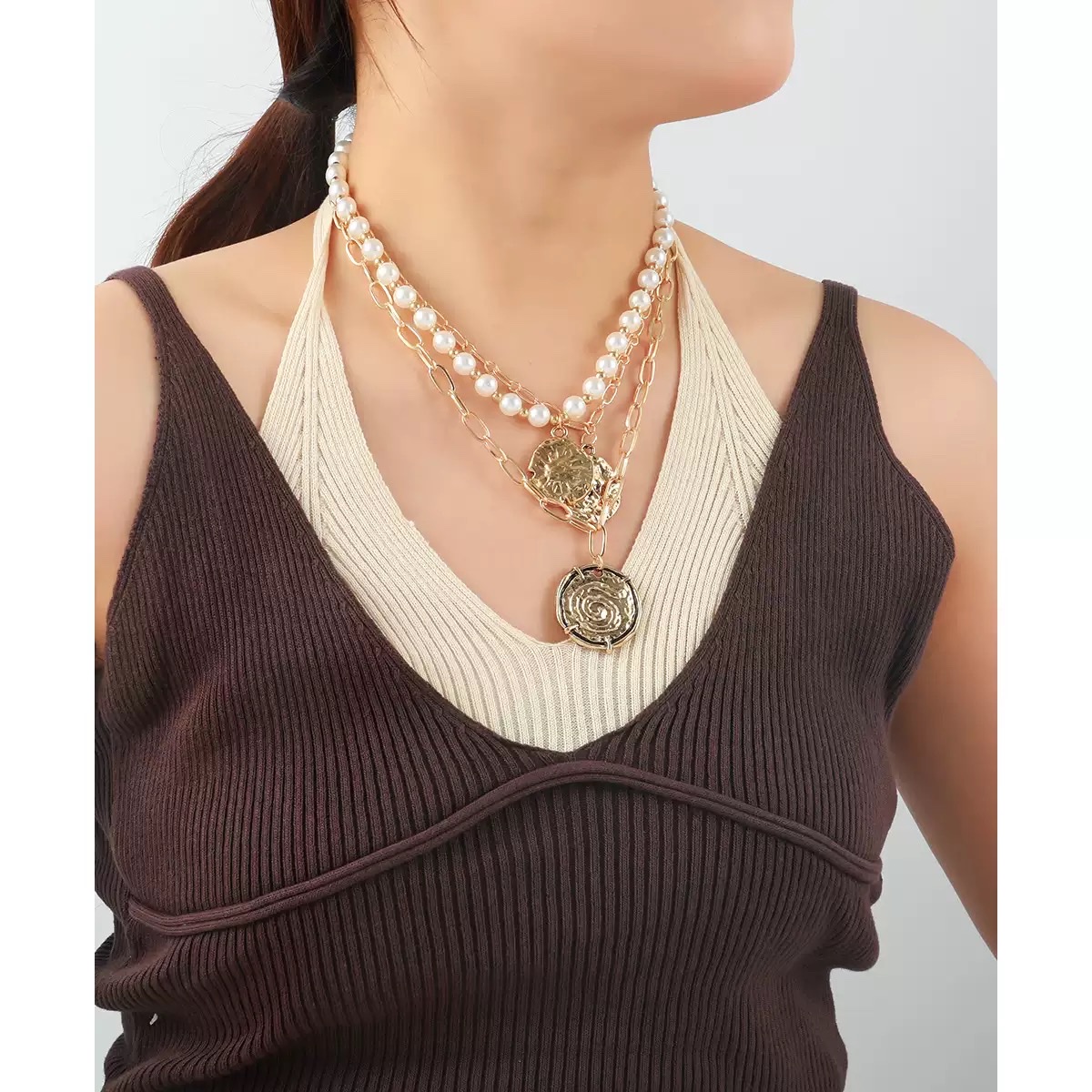 Z欧美夸张大牌多层仿珍珠硬币吊坠项链3件套人像女士项饰项链详情图2