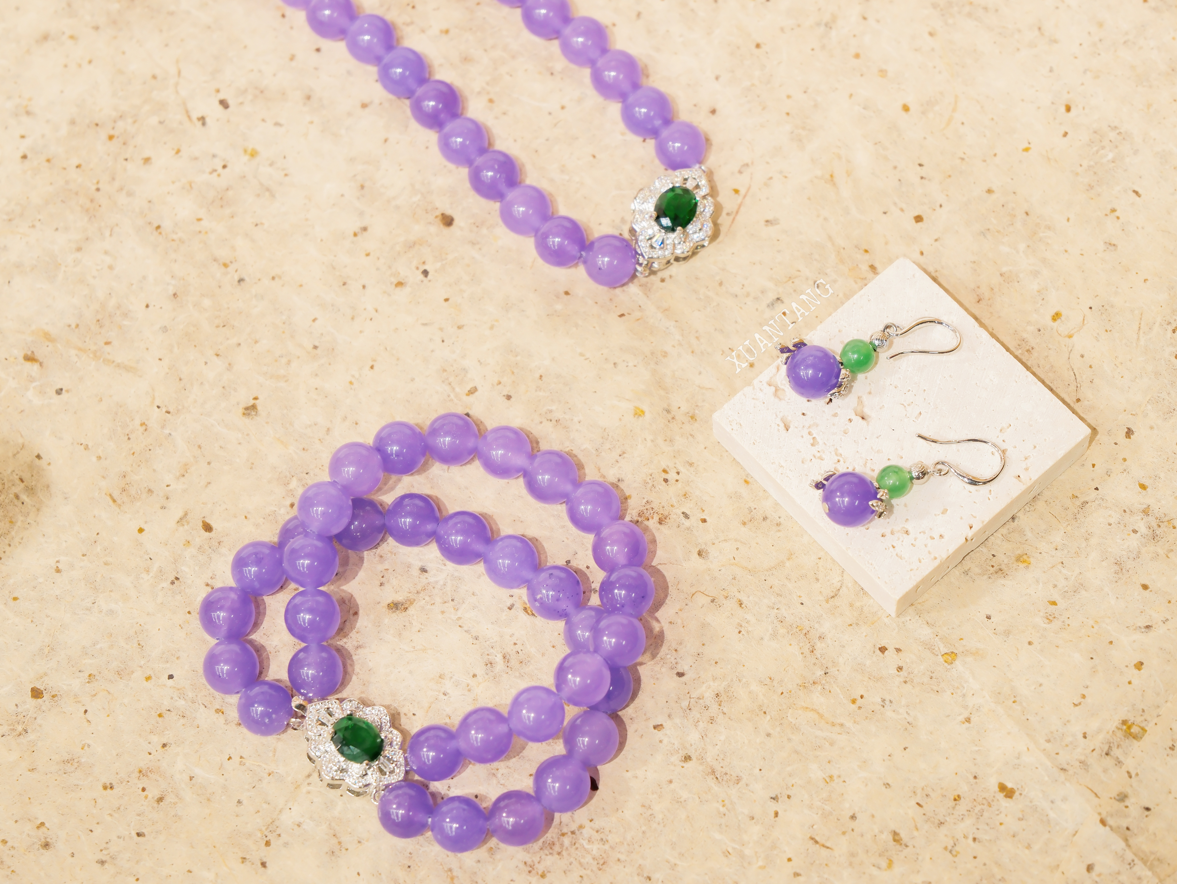 冰种紫罗兰玉石套装 圆珠项链+手链+耳坠 镶绿宝银扣 项链详情图6