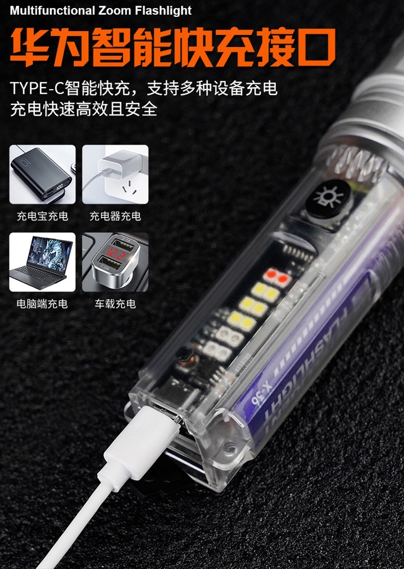 跨境新款户外白激光强光手电筒太阳能多功能充电手电超亮远射手电详情图8