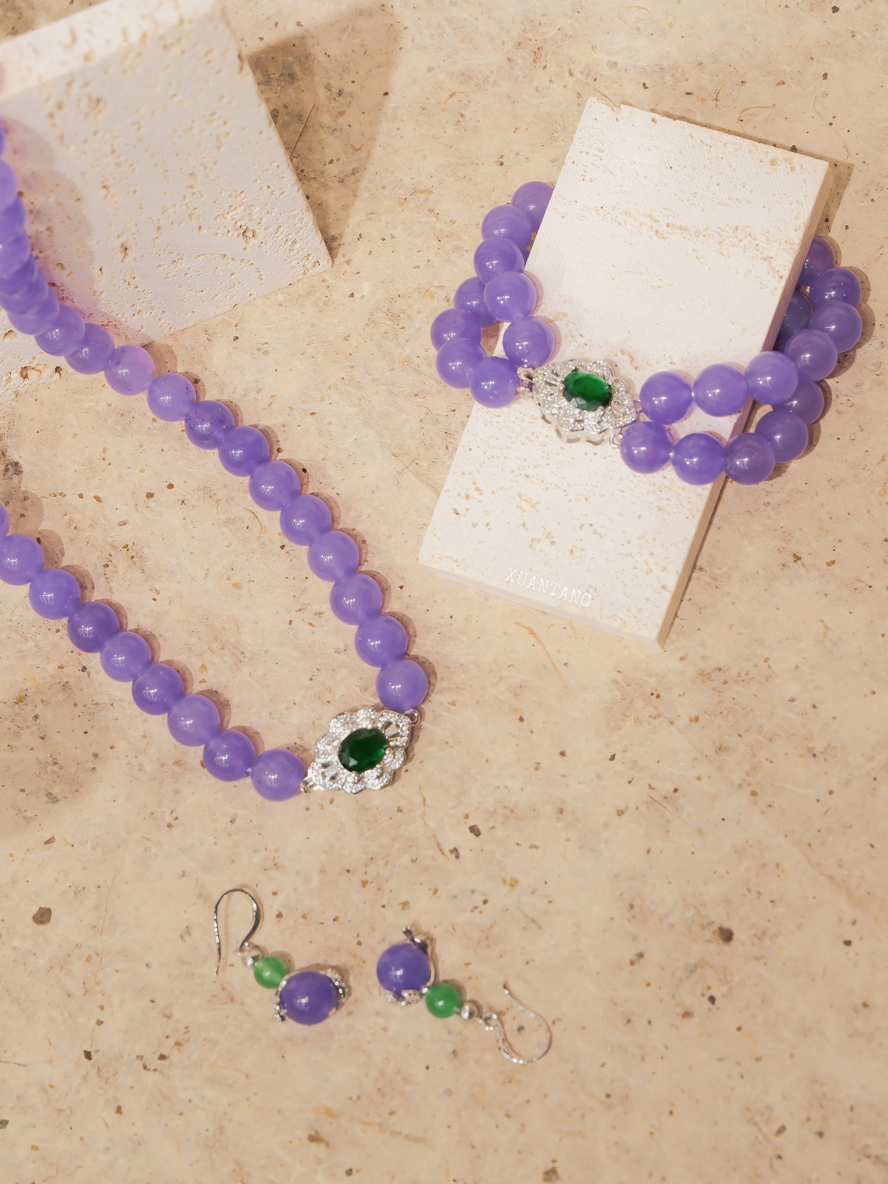冰种紫罗兰玉石套装 圆珠项链+手链+耳坠 镶绿宝银扣 项链详情图5
