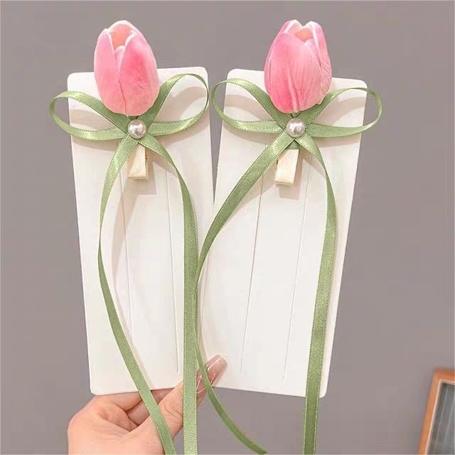儿童郁金香发夹2025新款小女孩飘带蝴蝶结编发发卡高级感花朵夹子儿童头饰
