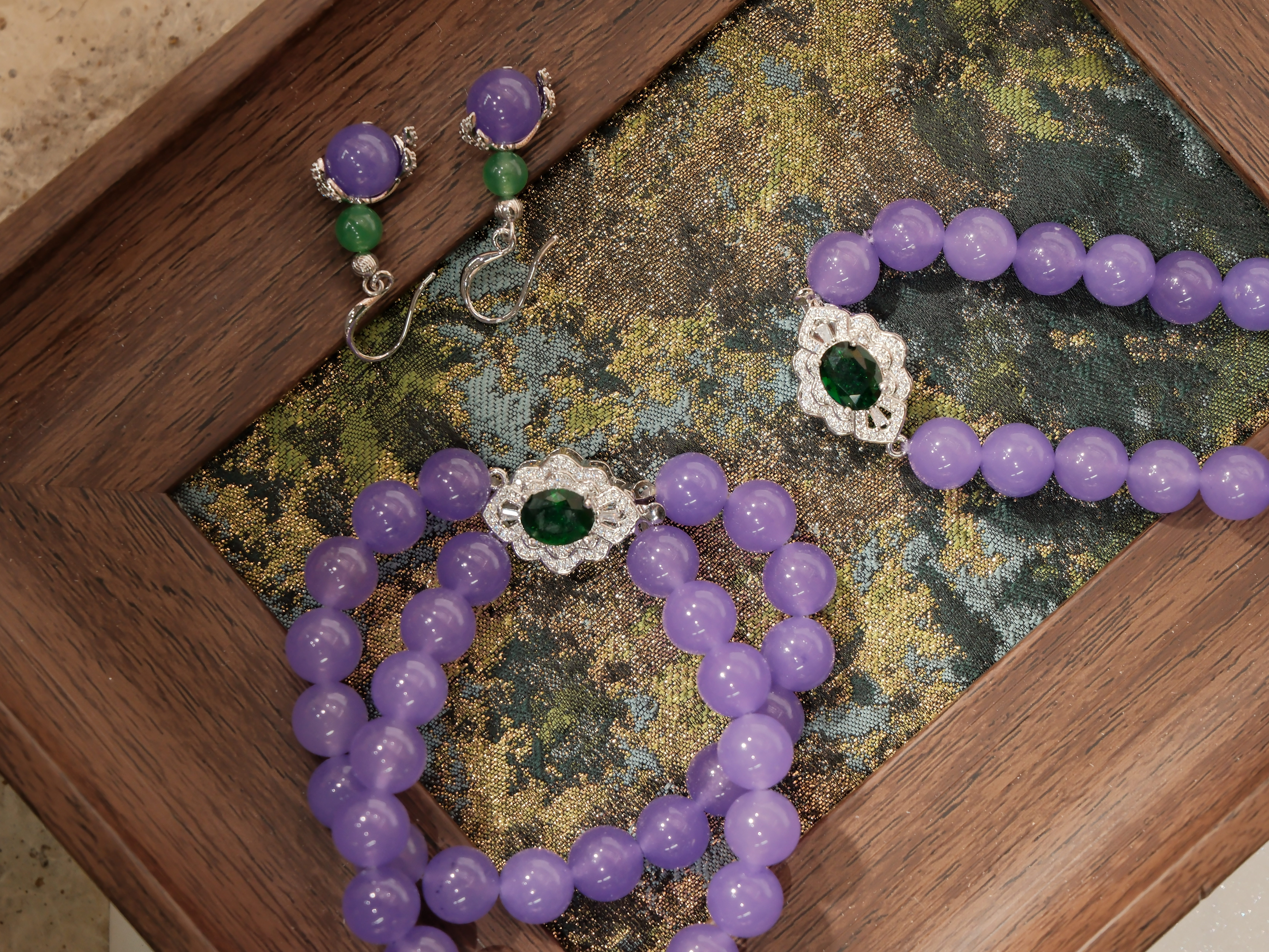 冰种紫罗兰玉石套装 圆珠项链+手链+耳坠 镶绿宝银扣 项链