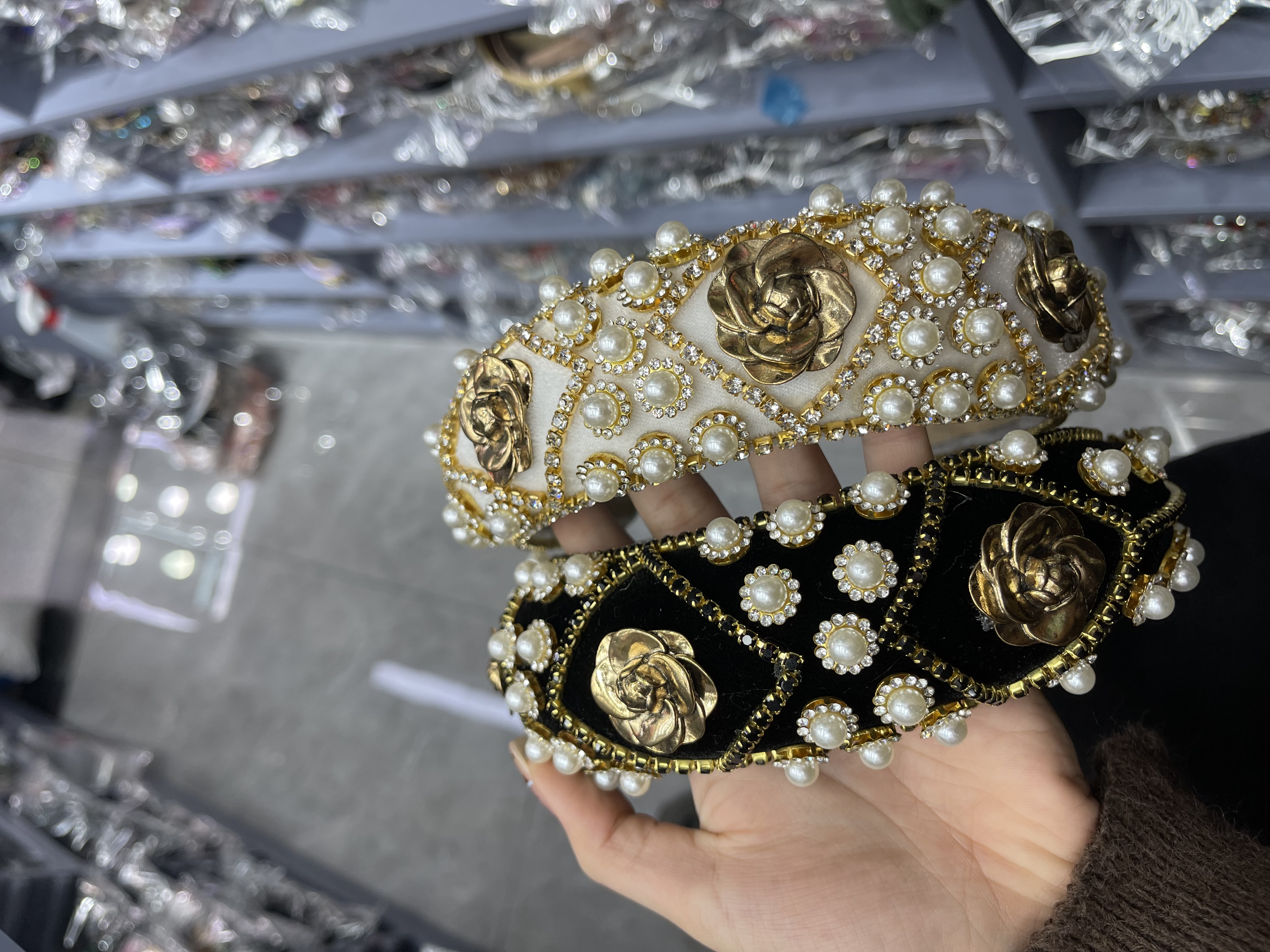 欧美跨境巴洛克绒布手工链条水钻发箍亚马逊宽边海绵外贸头饰头箍产品图