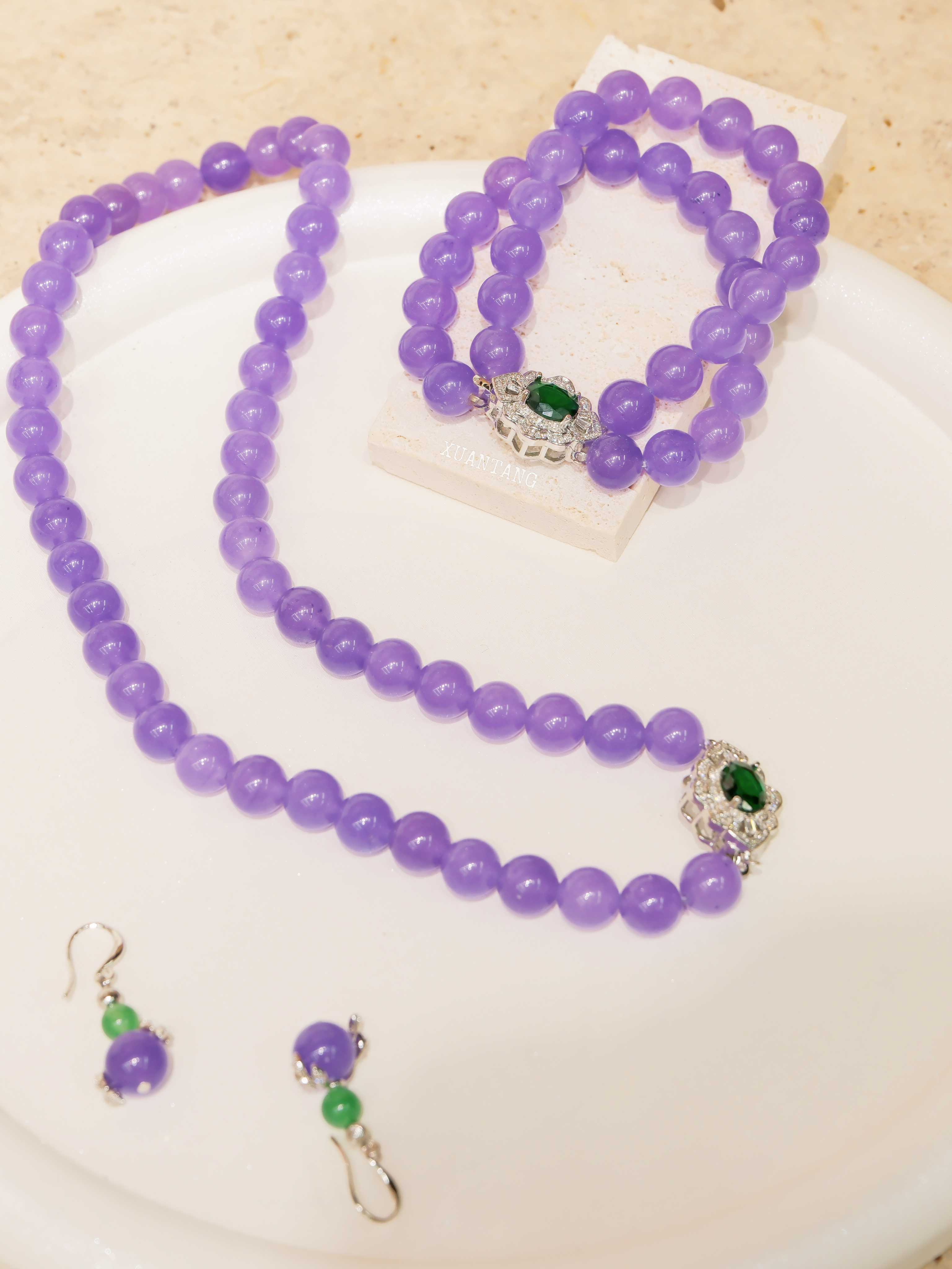 冰种紫罗兰玉石套装 圆珠项链+手链+耳坠 镶绿宝银扣 项链详情图3