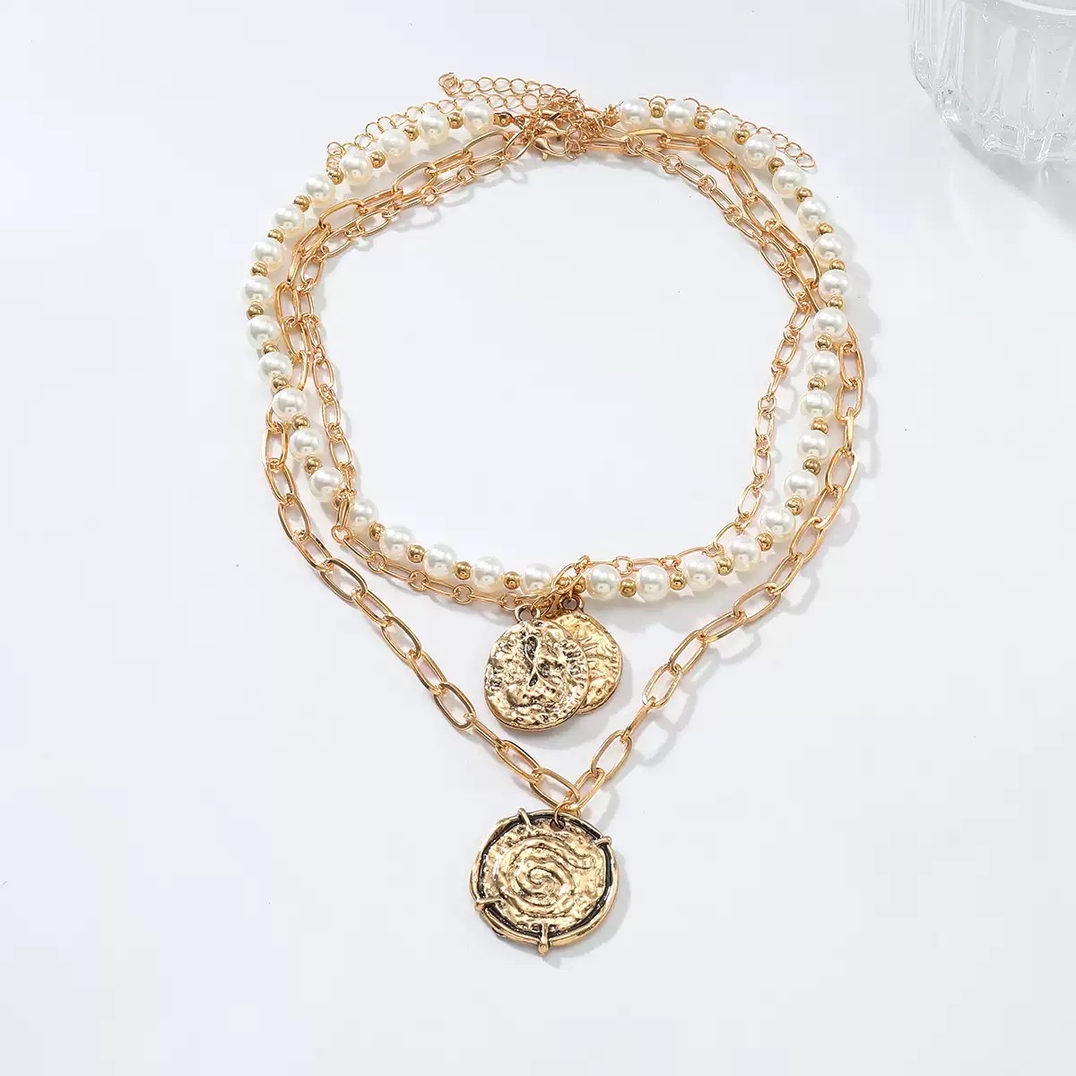 Z欧美夸张大牌多层仿珍珠硬币吊坠项链3件套人像女士项饰项链图