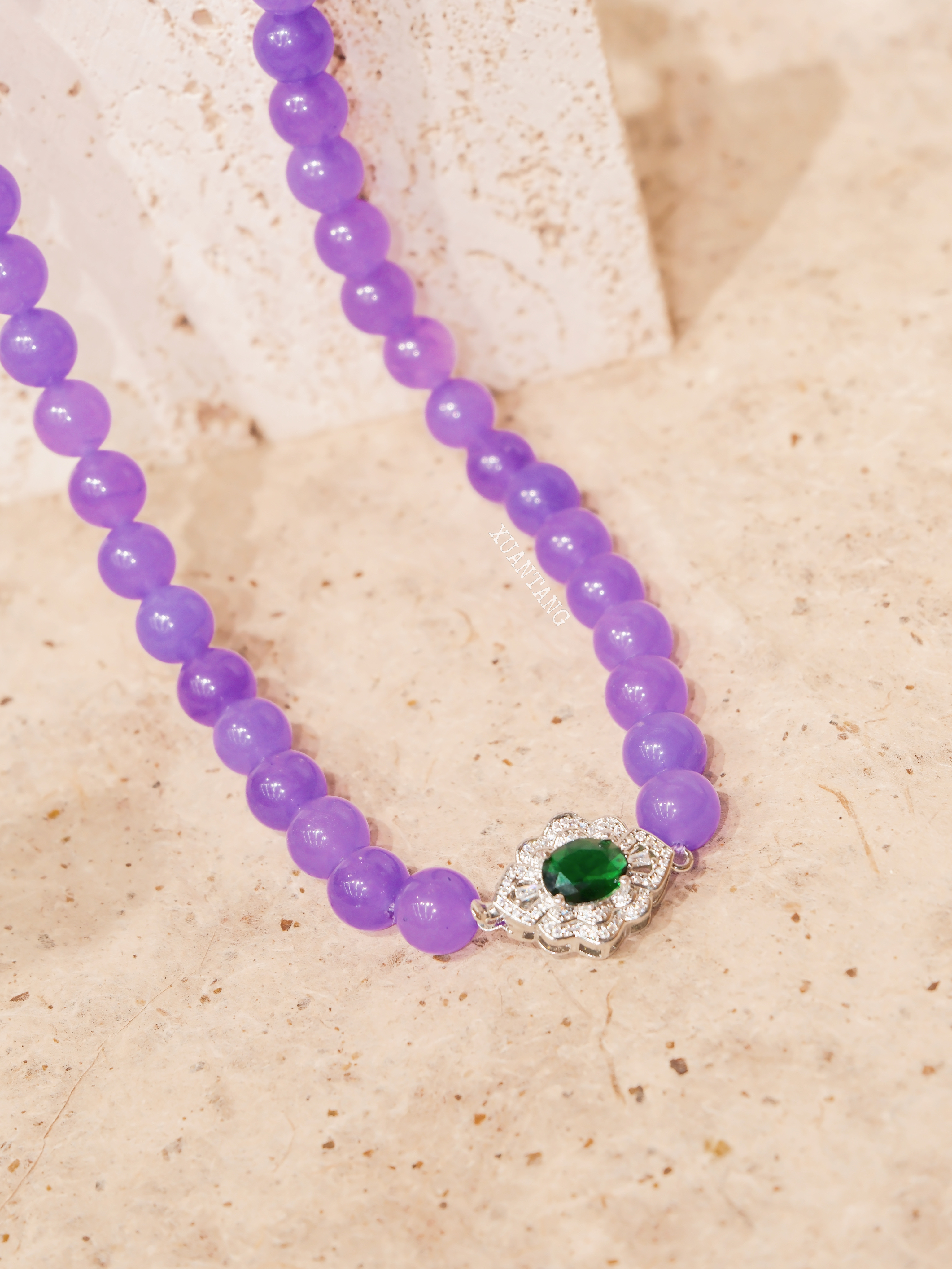 冰种紫罗兰玉石套装 圆珠项链+手链+耳坠 镶绿宝银扣 项链详情图7