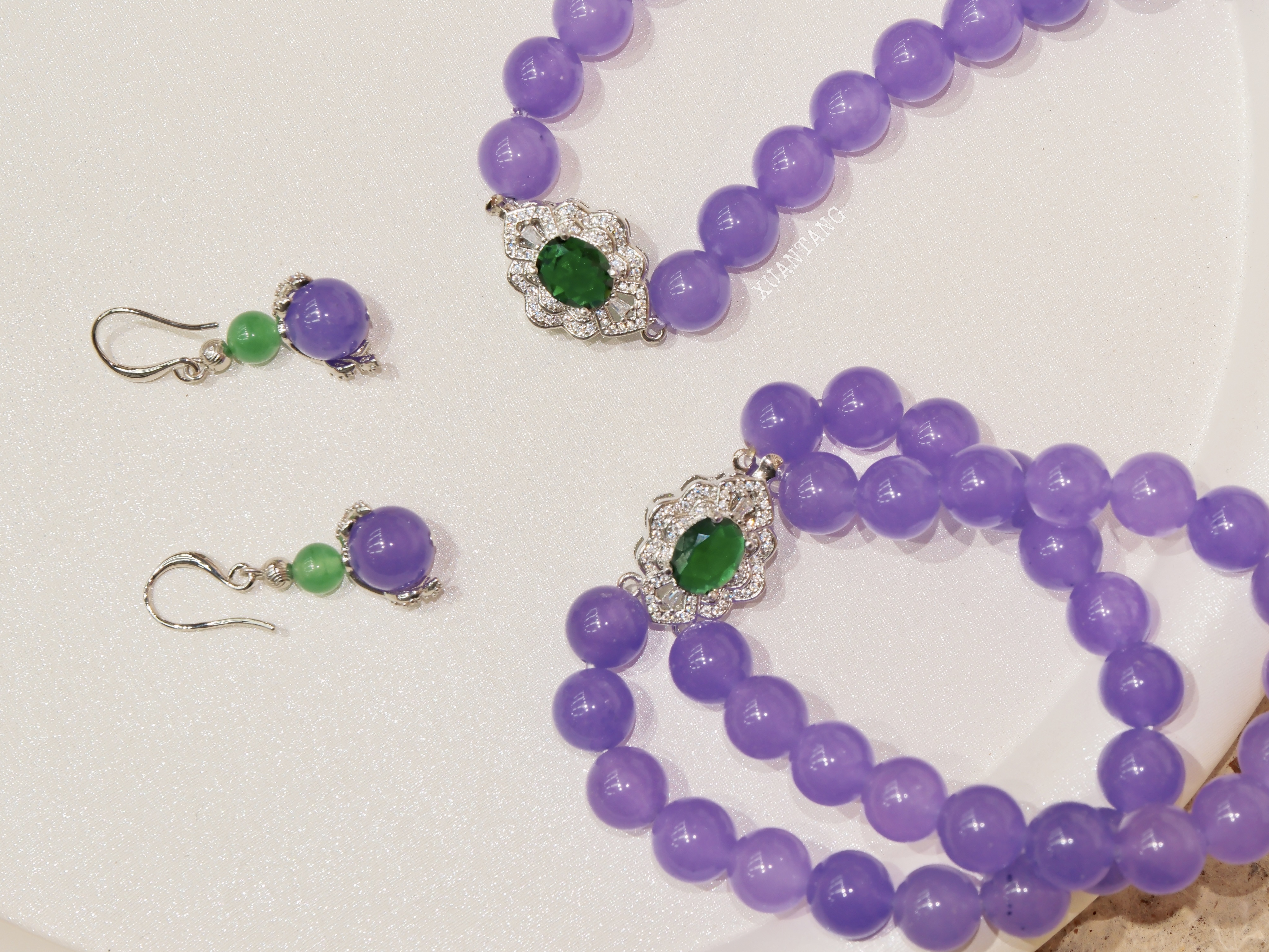 冰种紫罗兰玉石套装 圆珠项链+手链+耳坠 镶绿宝银扣 项链详情图2