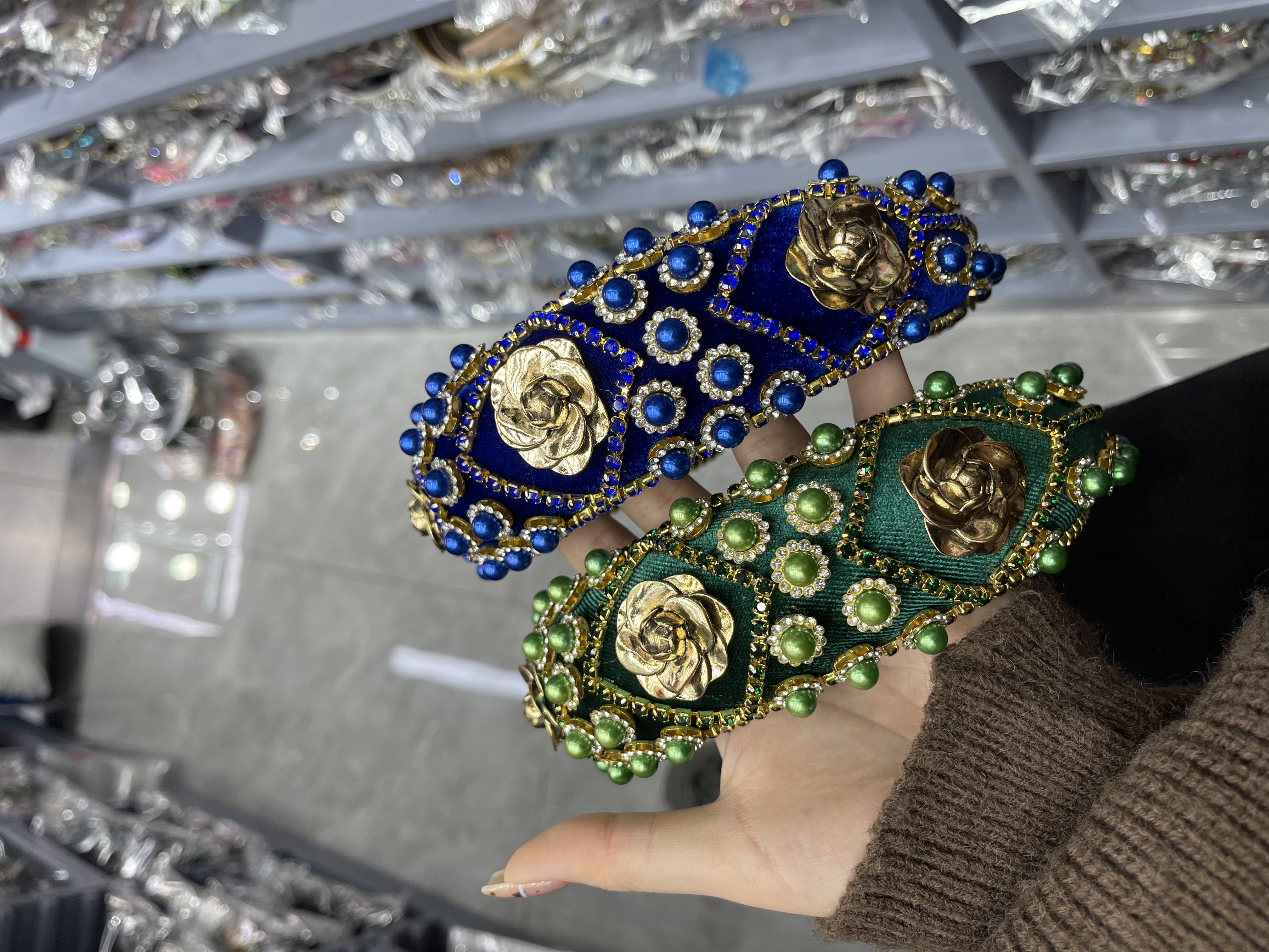 欧美跨境巴洛克绒布手工链条水钻发箍亚马逊宽边海绵外贸头饰头箍