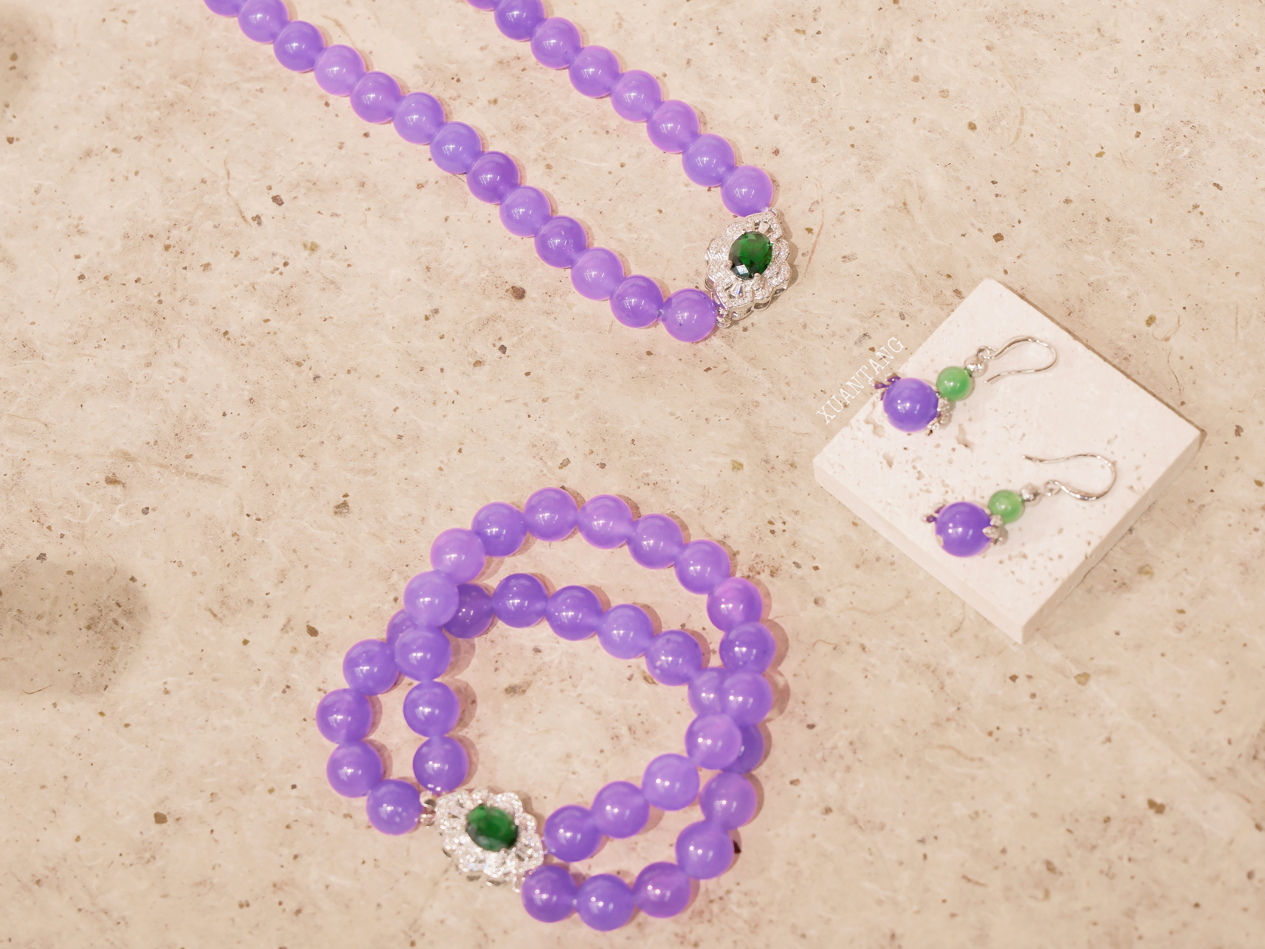 冰种紫罗兰玉石套装 圆珠项链+手链+耳坠 镶绿宝银扣 项链详情图4