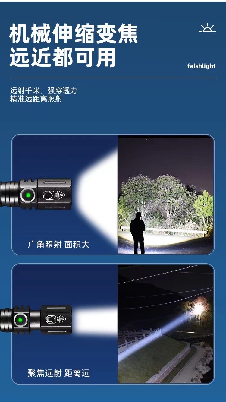 跨境新款强光防水高亮变焦可充电户外家用便携式激光手电筒详情图4
