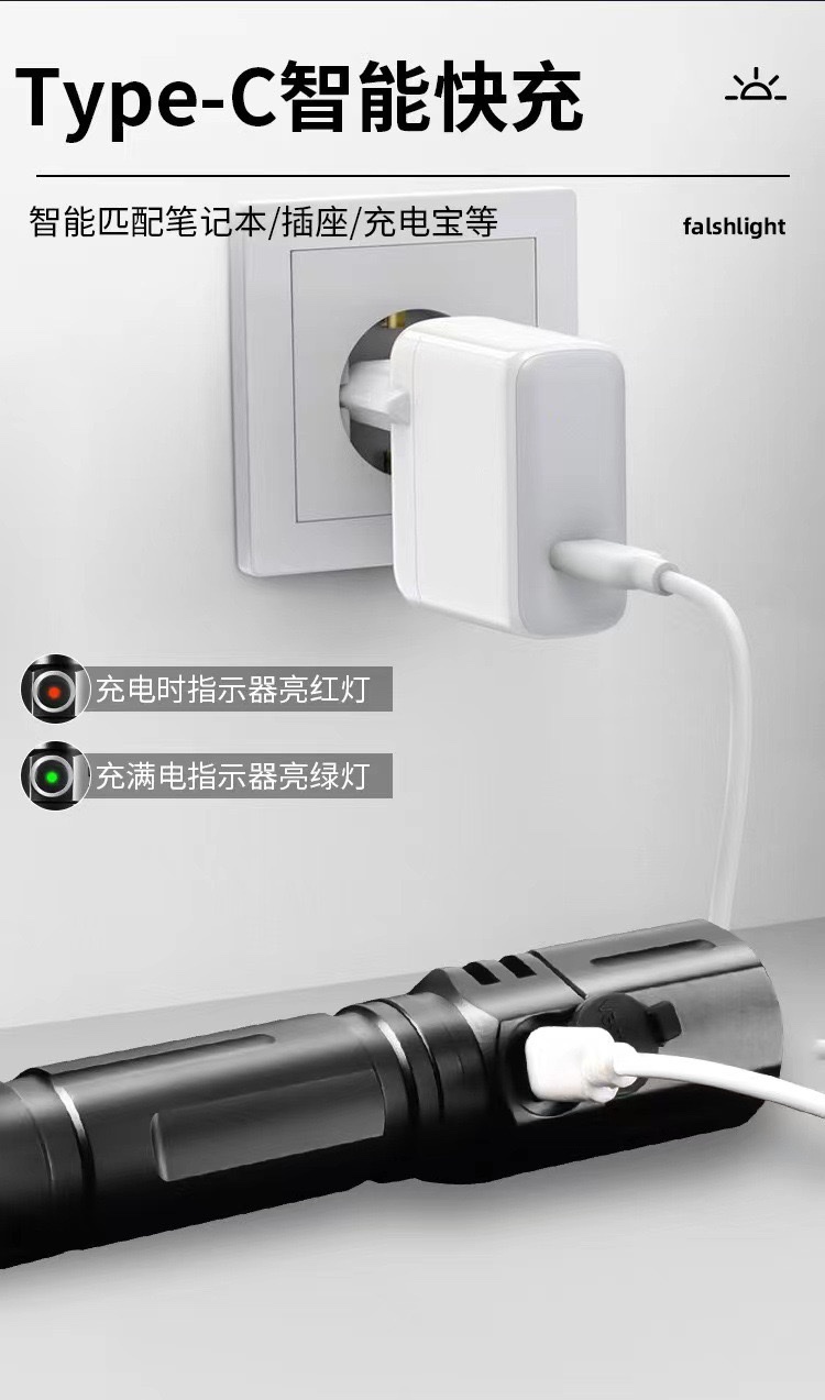 跨境新款强光防水高亮变焦可充电户外家用便携式激光手电筒详情图7