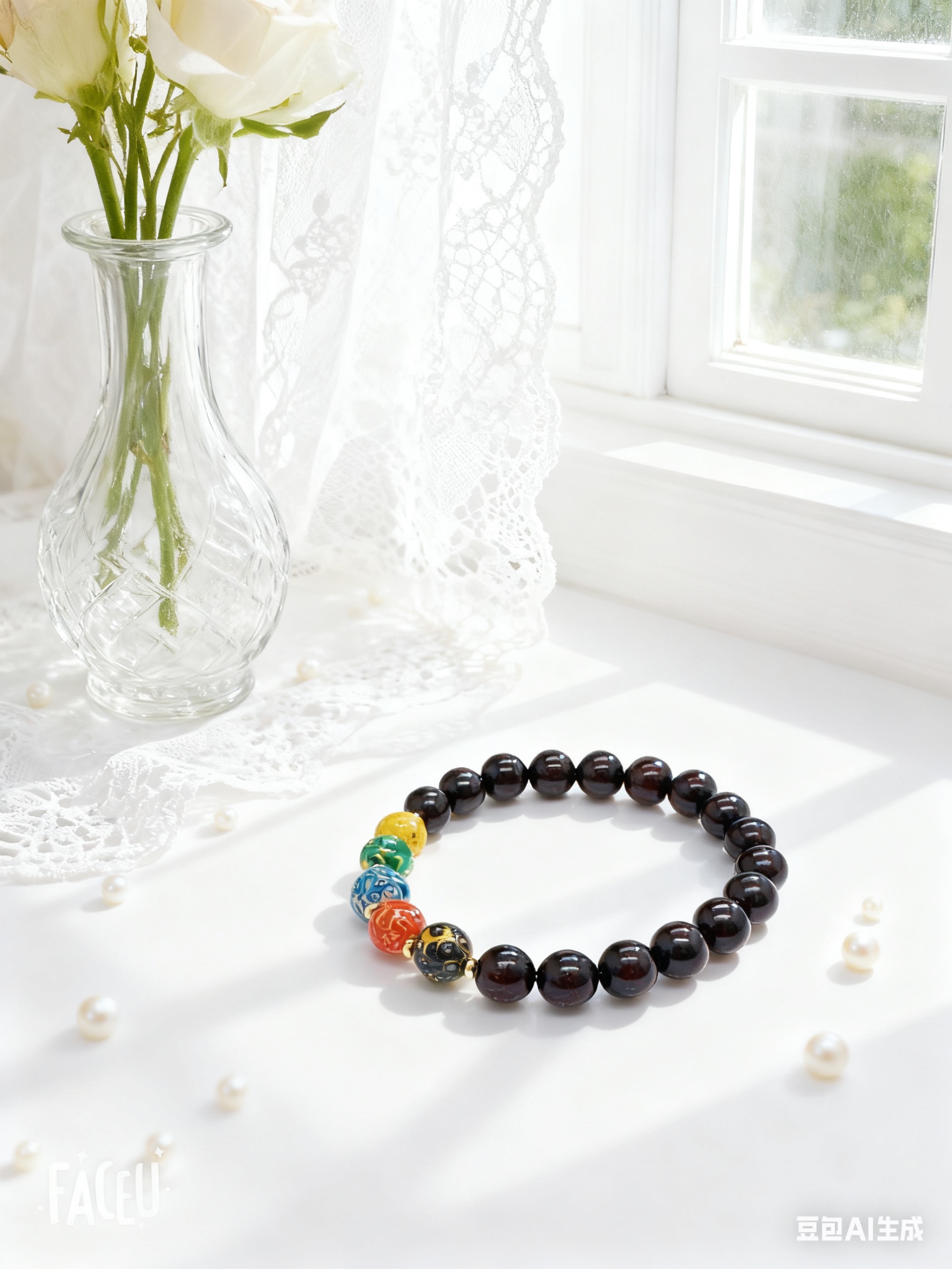 小红书爆款印度小叶紫檀单圈8mm隔大漆珠非遗工艺无路财神系列文玩木质手串详情图3