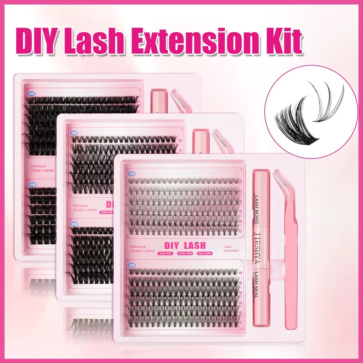 亚马逊欧美DIY Lash kits单簇双头胶水80D跨境假睫毛延长套装