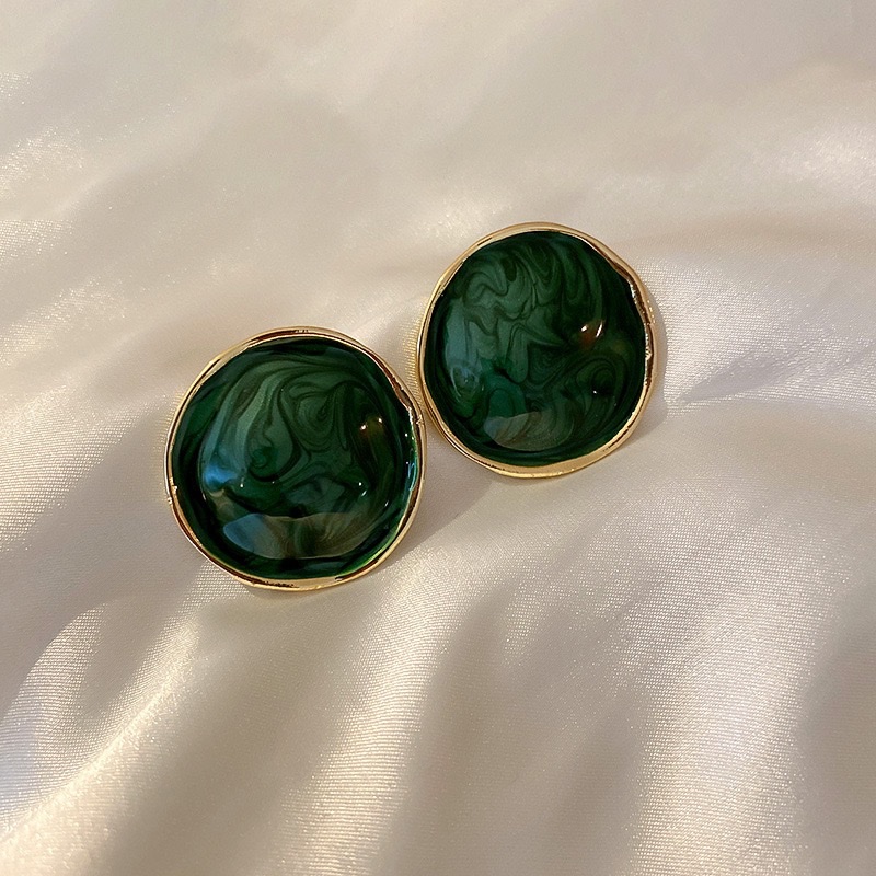 银针复古滴油绿色圆形彩釉耳钉欧美简约气质网红几何高级感耳环女饰品