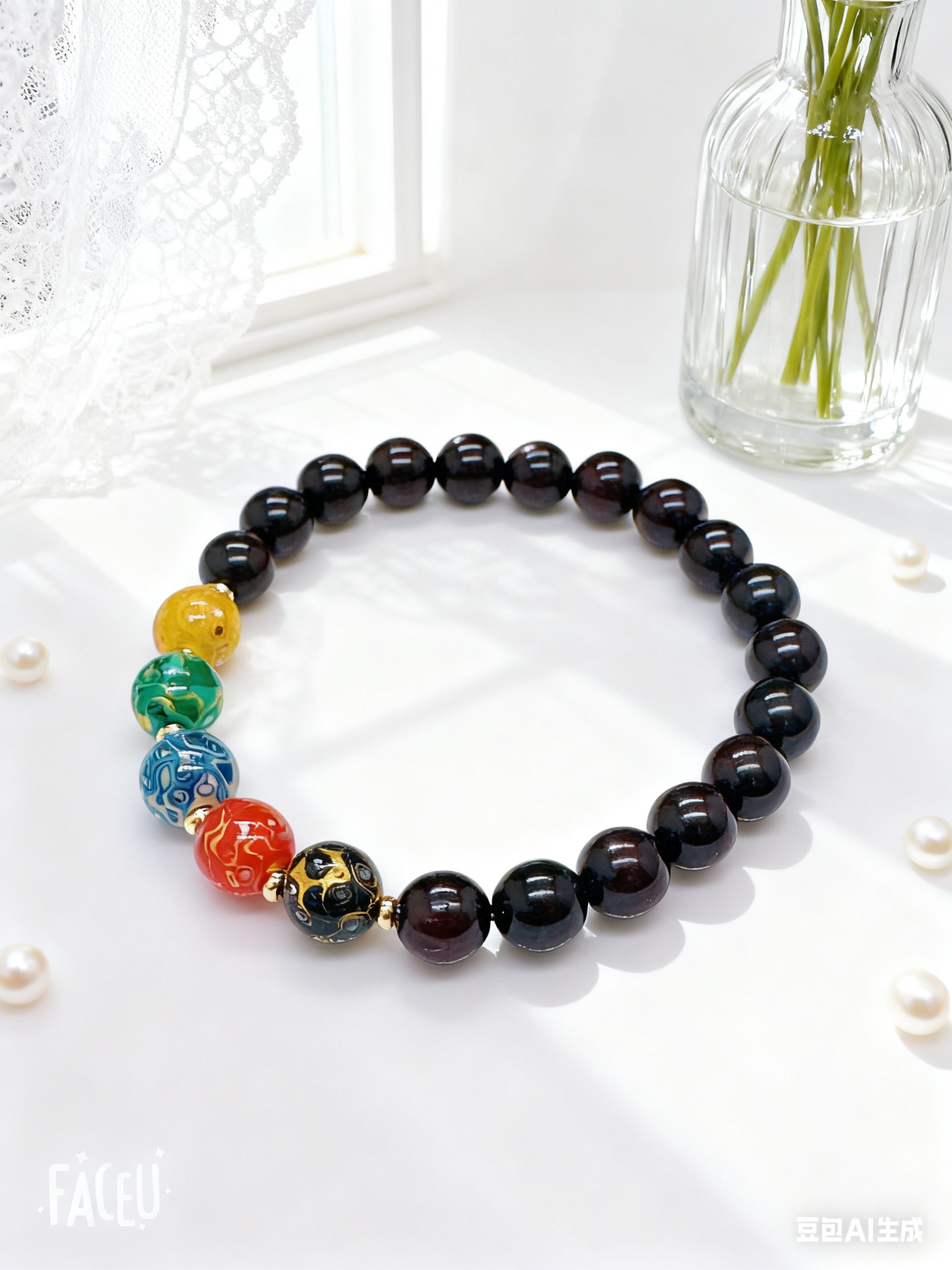 小红书爆款印度小叶紫檀单圈8mm隔大漆珠非遗工艺无路财神系列文玩木质手串产品图