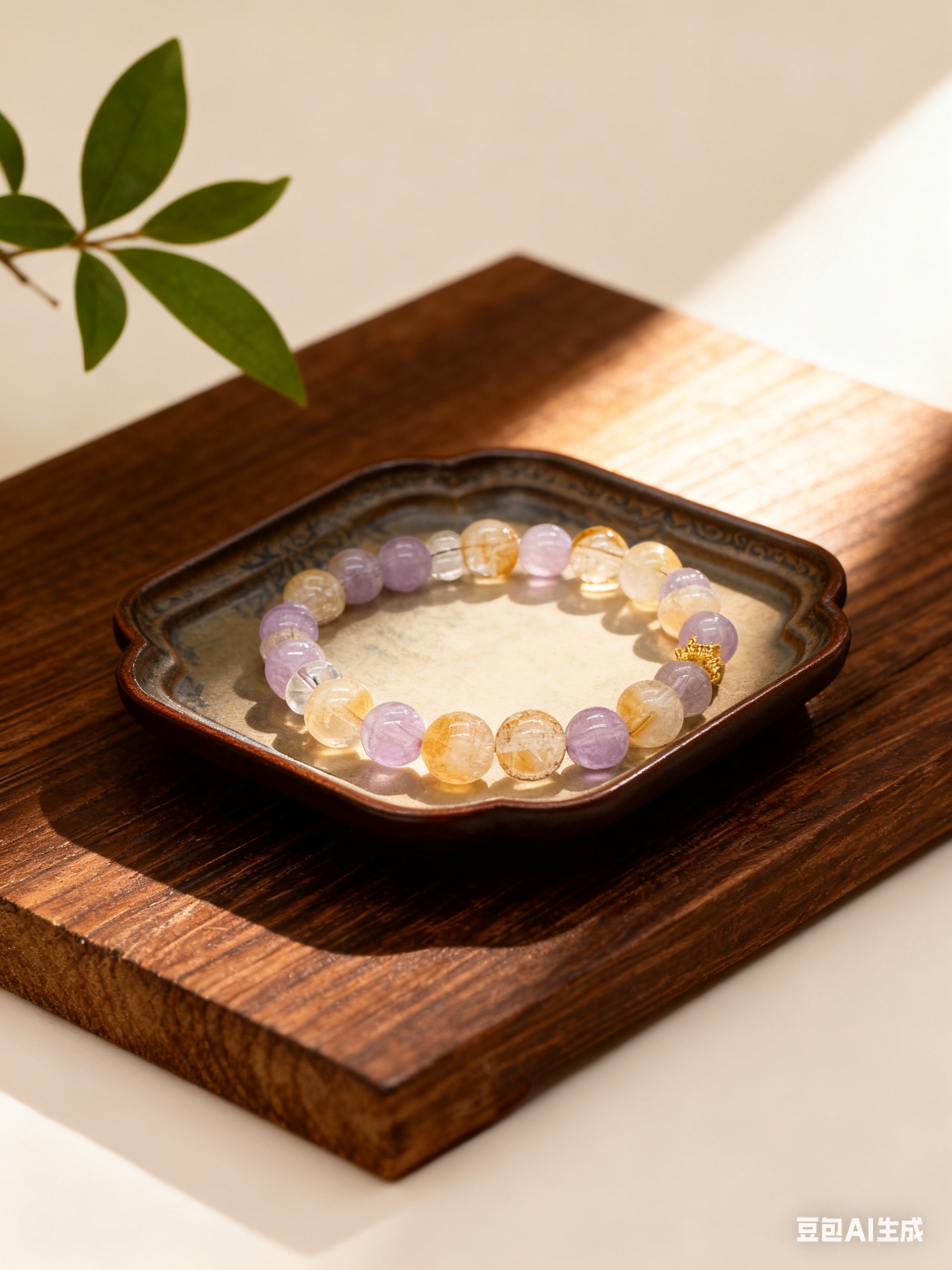 天然薰衣草紫水晶隔黄水晶白水晶单圈手串文玩手串手链女时尚单品小红书爆品产品图