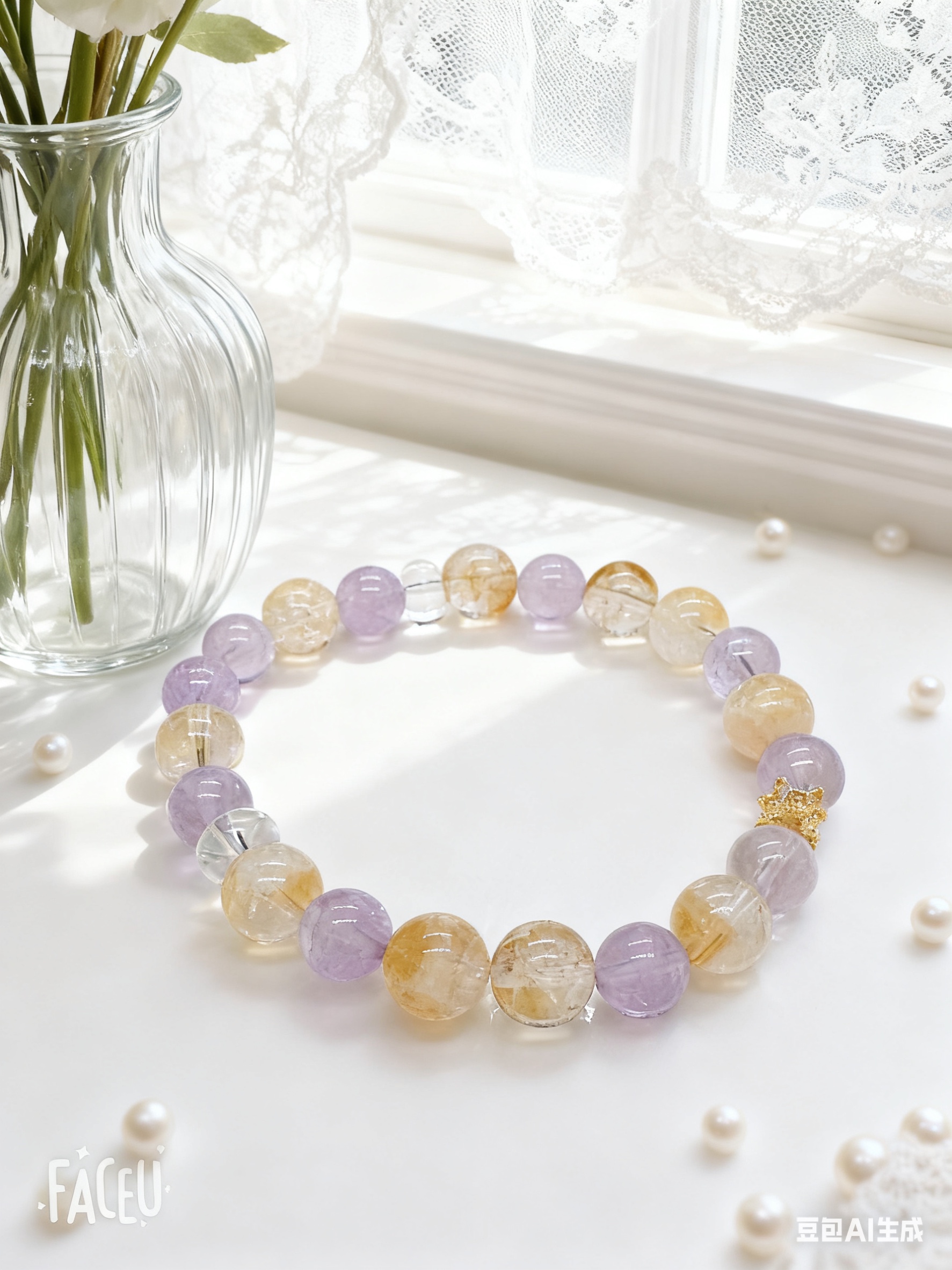 天然薰衣草紫水晶隔黄水晶白水晶单圈手串文玩手串手链女时尚单品小红书爆品