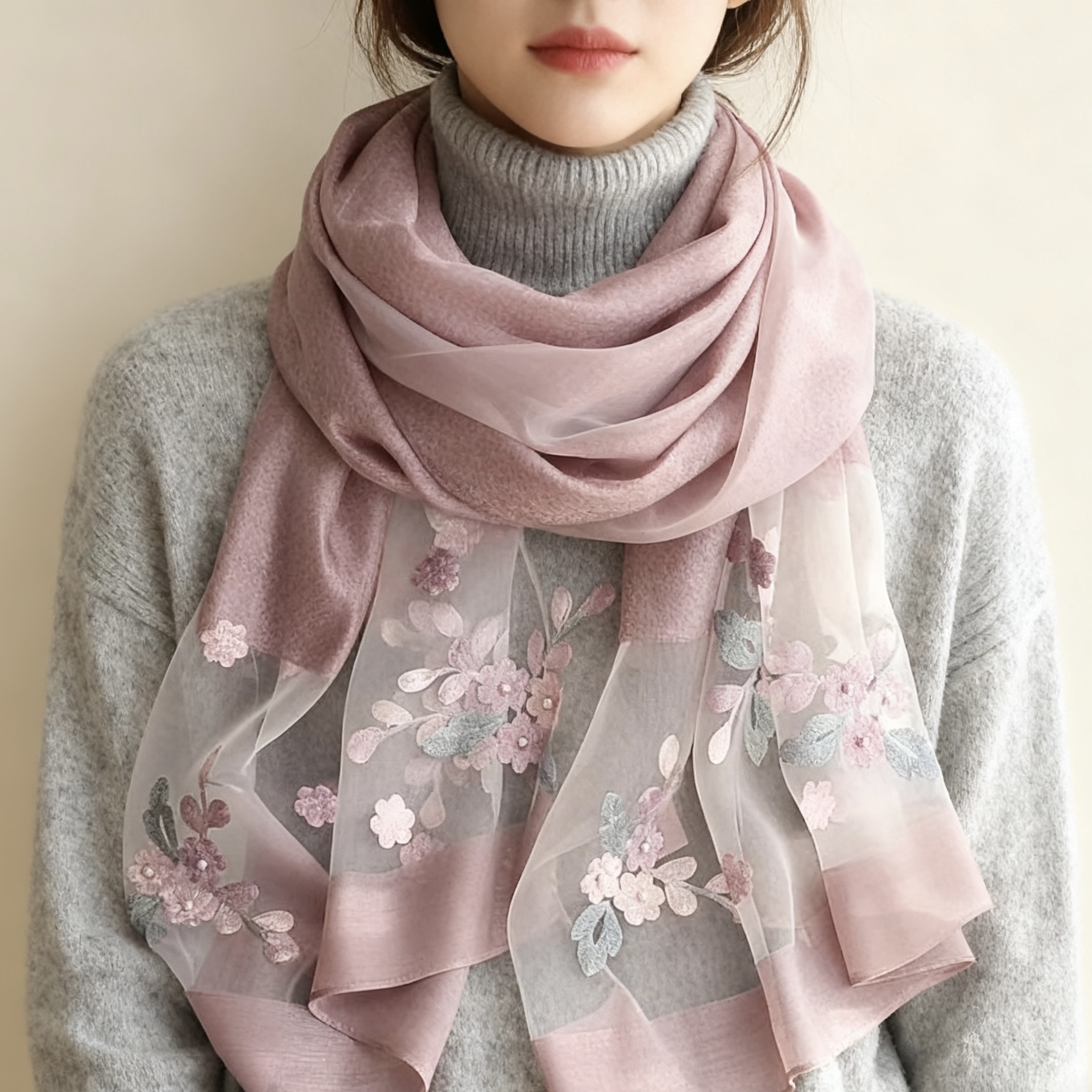 【 Purple Crabapple Blossom 】 New Chinese-style silk Chinese-style women's long Versatile scarf 70*200 details Picture