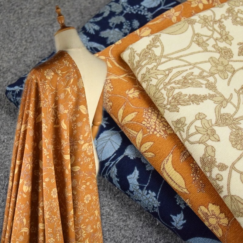 Retro orange large floral corduroy printed fabric for autumn and winter jackets, shoes, skirts, pants, shirts and cheongsams, handcrafted corduroy fabric
