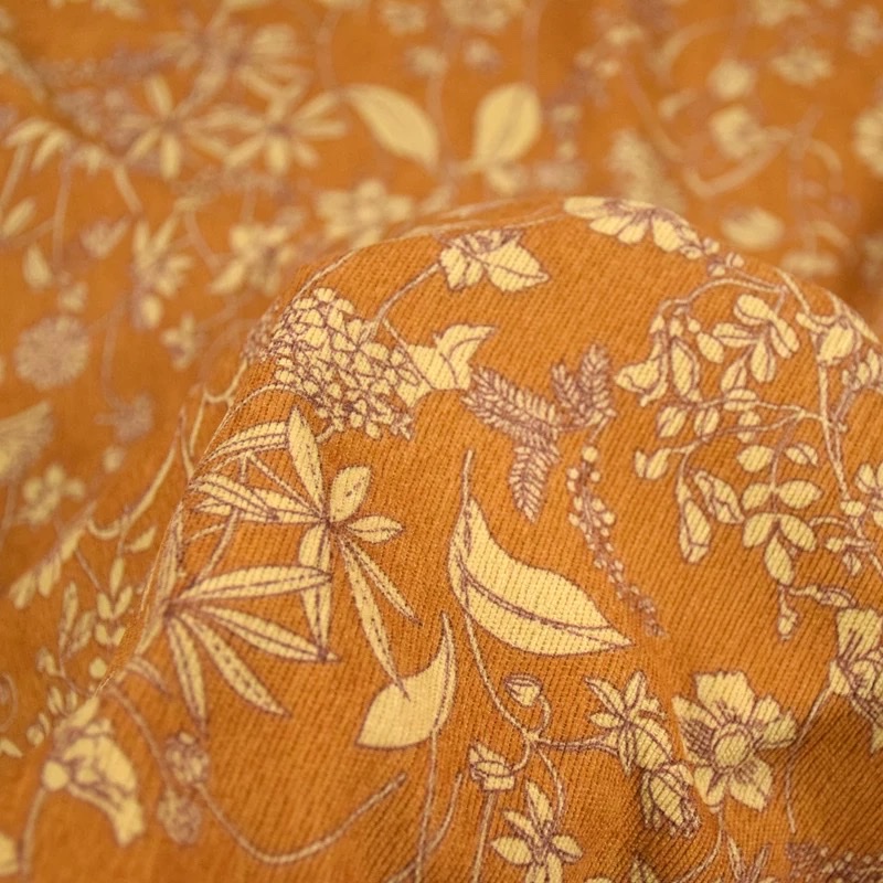 Retro orange large floral corduroy printed fabric for autumn and winter jackets, shoes, skirts, pants, shirts and cheongsams, handcrafted corduroy fabric Specification image