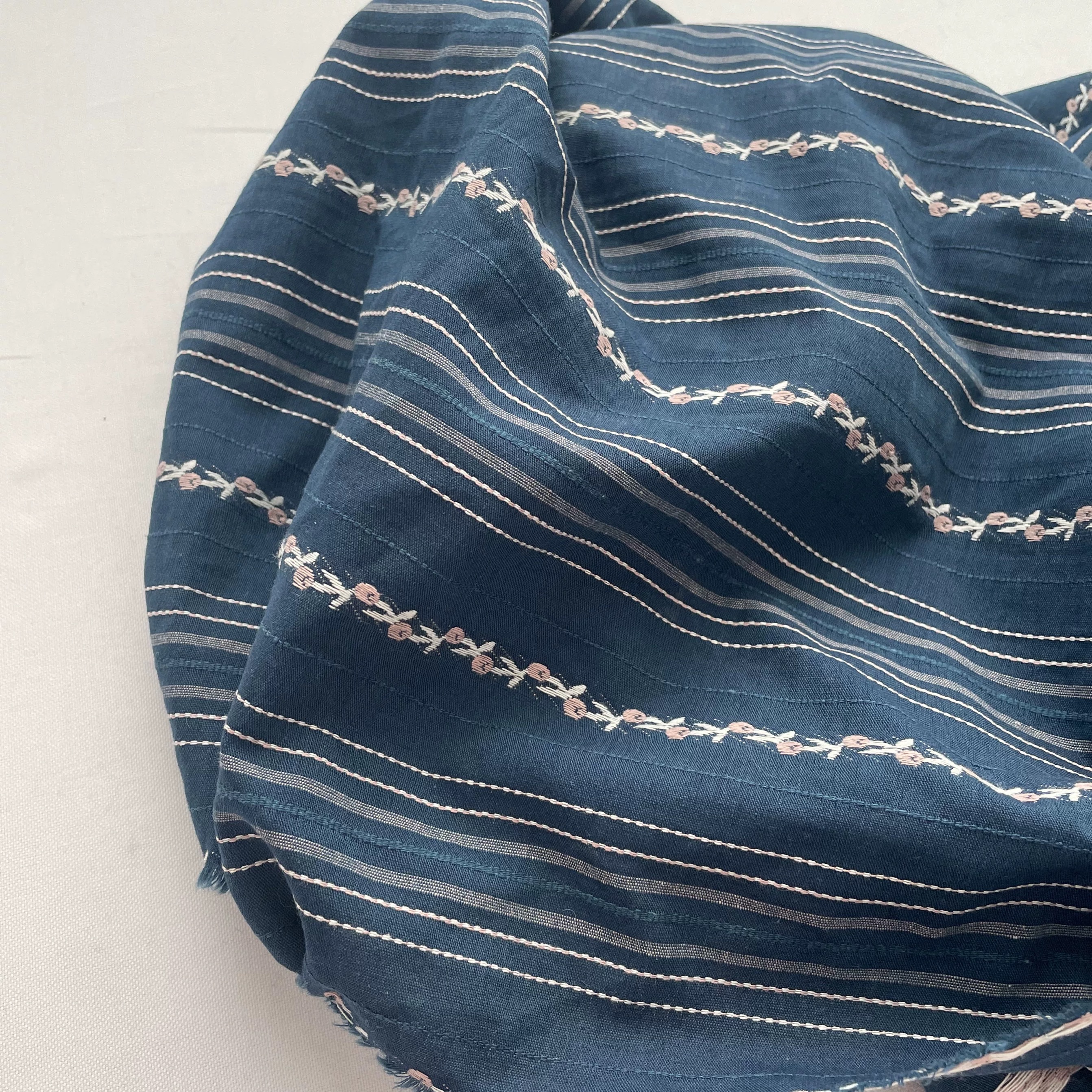 diy pure cotton shirt dress fabric with exquisite navy blue and pink woven stripes and small floral prints Specification image