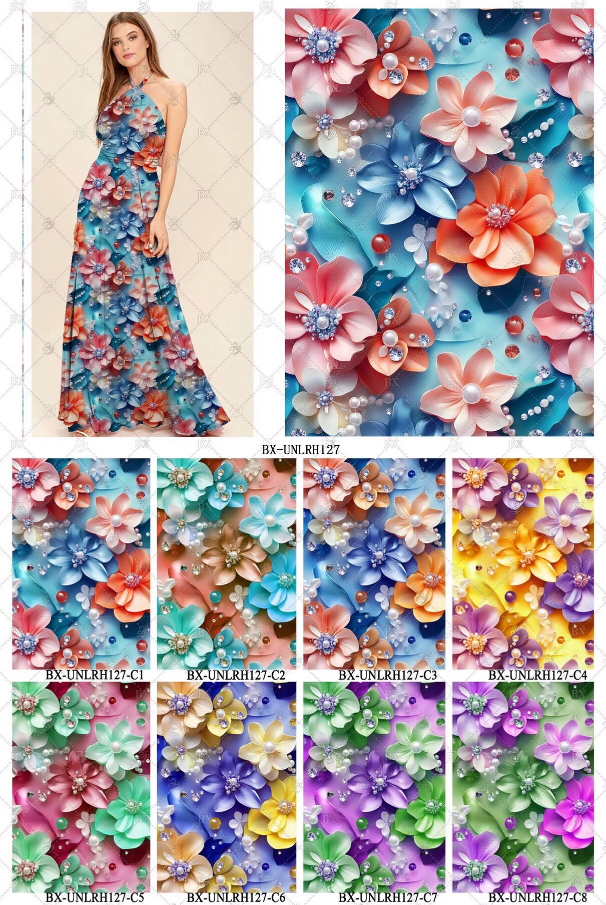 新品5D高清印花布 上万花型可选 支持服装家纺礼品面料定制 花3