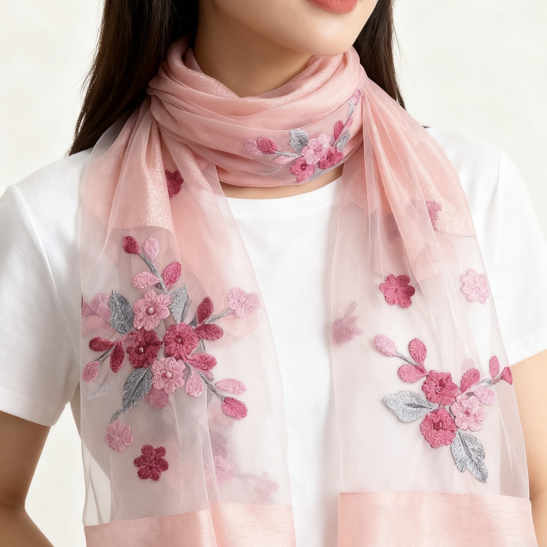 【 Pink crabapple Blossom 】 New Chinese-style silk and traditional Chinese style women's long Versatile scarf 70*200 Application Scenario
