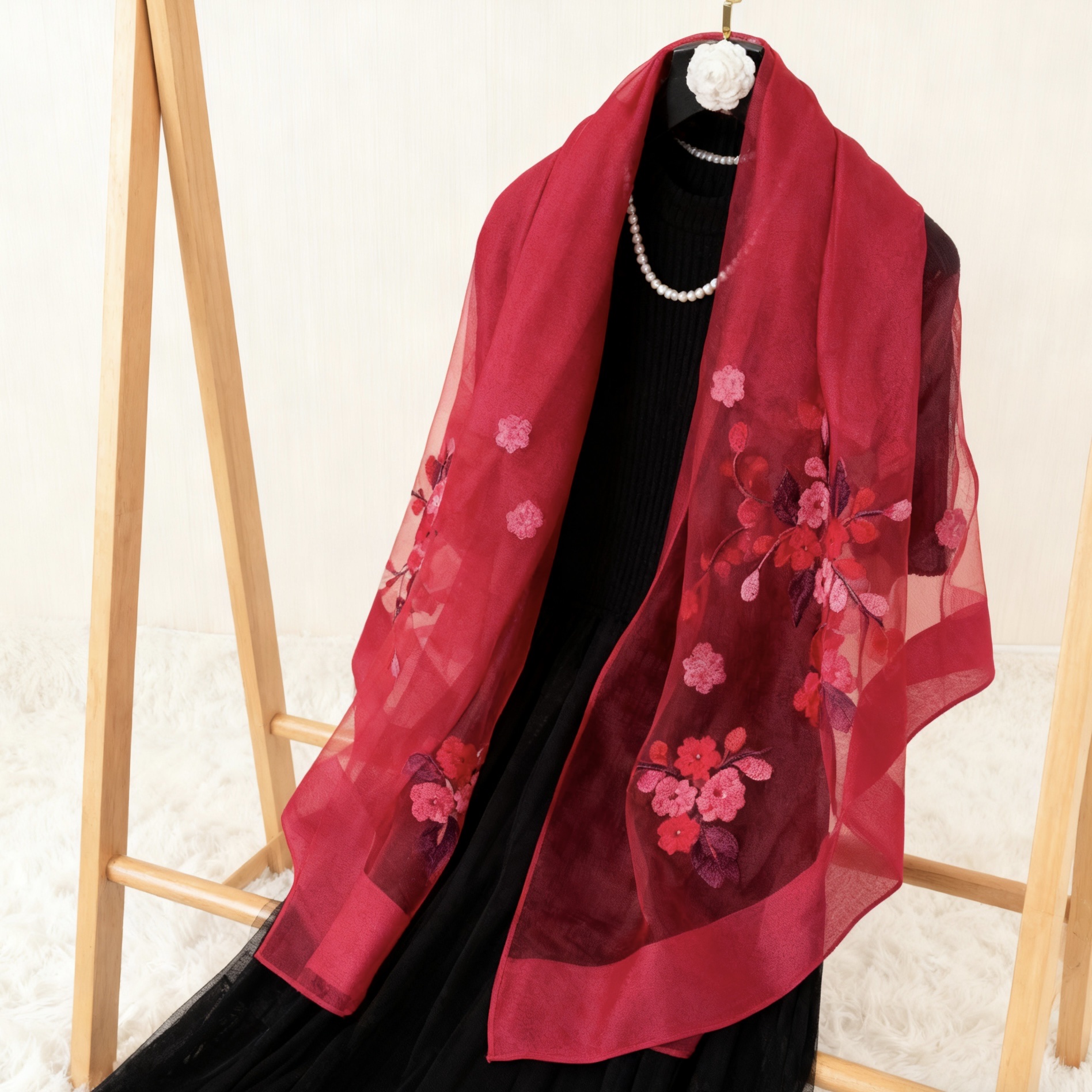 【 Wine Red Crabapple Flower 】 New Chinese-style silk Chinese-style women's long Versatile Scarf 70*200 Specification image